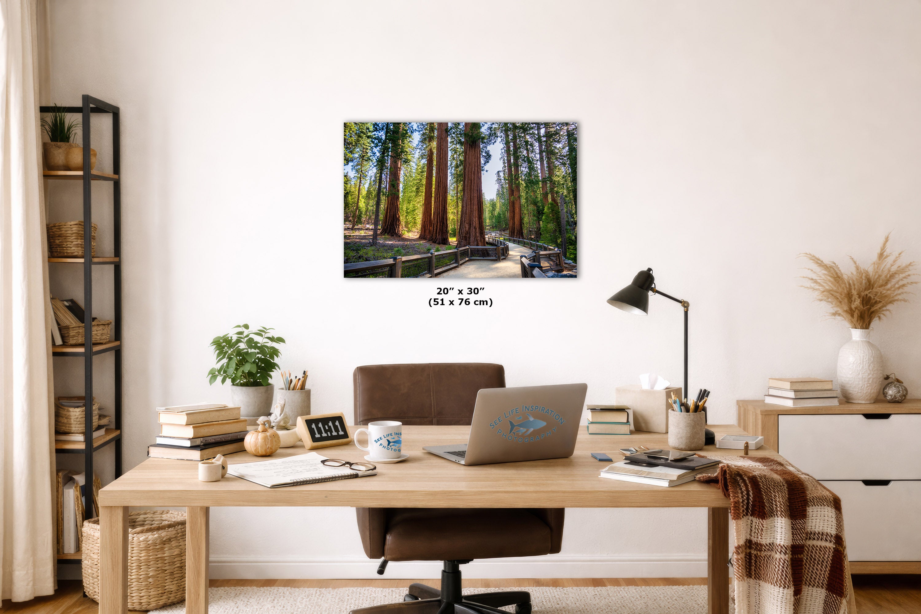 A framed wall art print depicting a forest of tall redwood trees, displayed in a styled home office setting above a wooden desk with a laptop, lamp, and other office accessories.