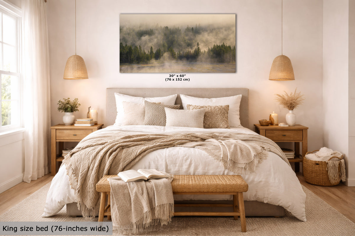 A framed landscape art print depicting a misty pine forest, displayed on a neutral wall above a king-size bed in a beautifully styled bedroom. The print has dimensions labeled as 30 x 60 inches (76 x 160 cm) and the image includes a text overlay stating 'King size bed (76-inches wide)'.