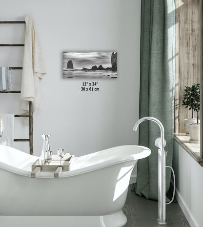 Cannon Beach Oregon Coast Ocean Picture Nature Photo, Black and White Haystack Rocks, Coastal Beach House Decor for Ocean Lovers