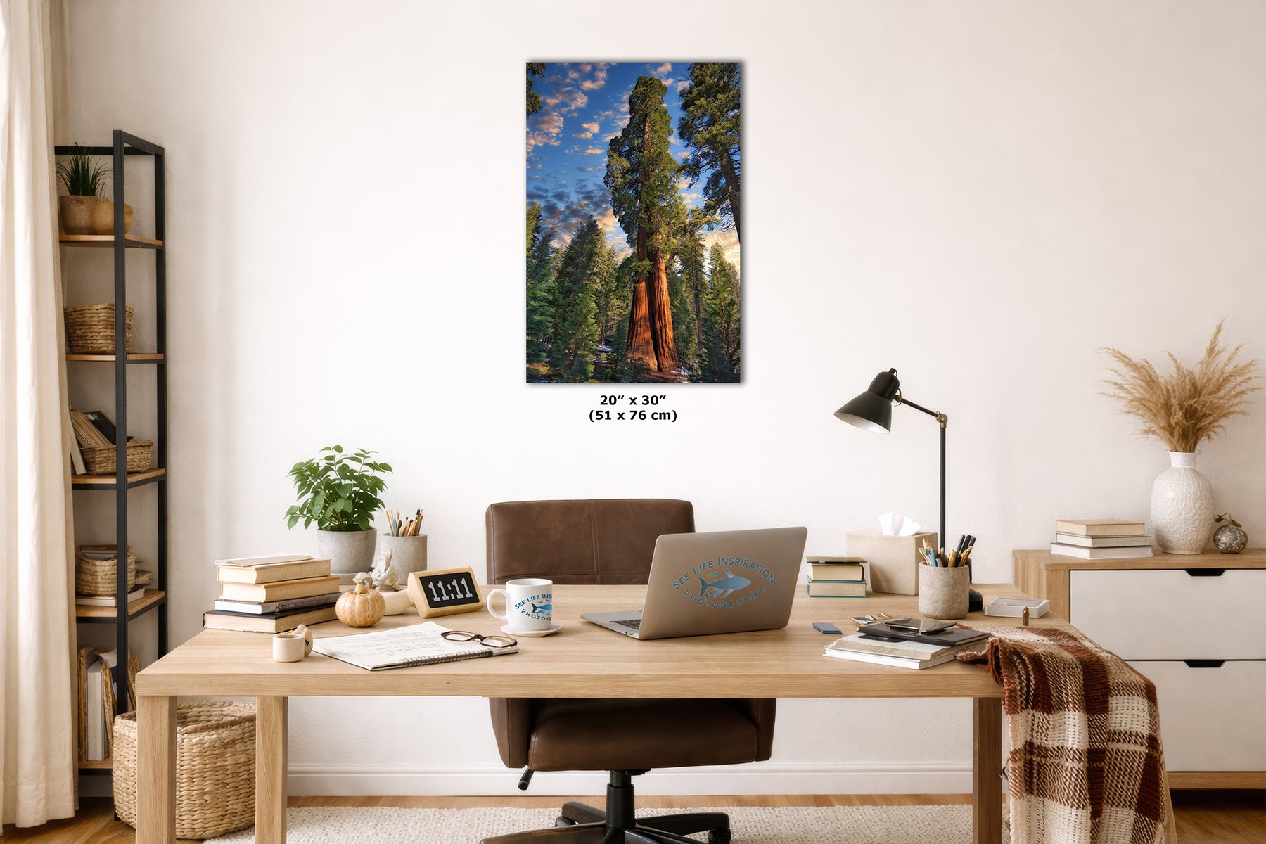 A vertical canvas wall art print depicting giant sequoia trees in a forest under a blue sky, displayed on a white wall above a wooden desk in a styled home office setting.