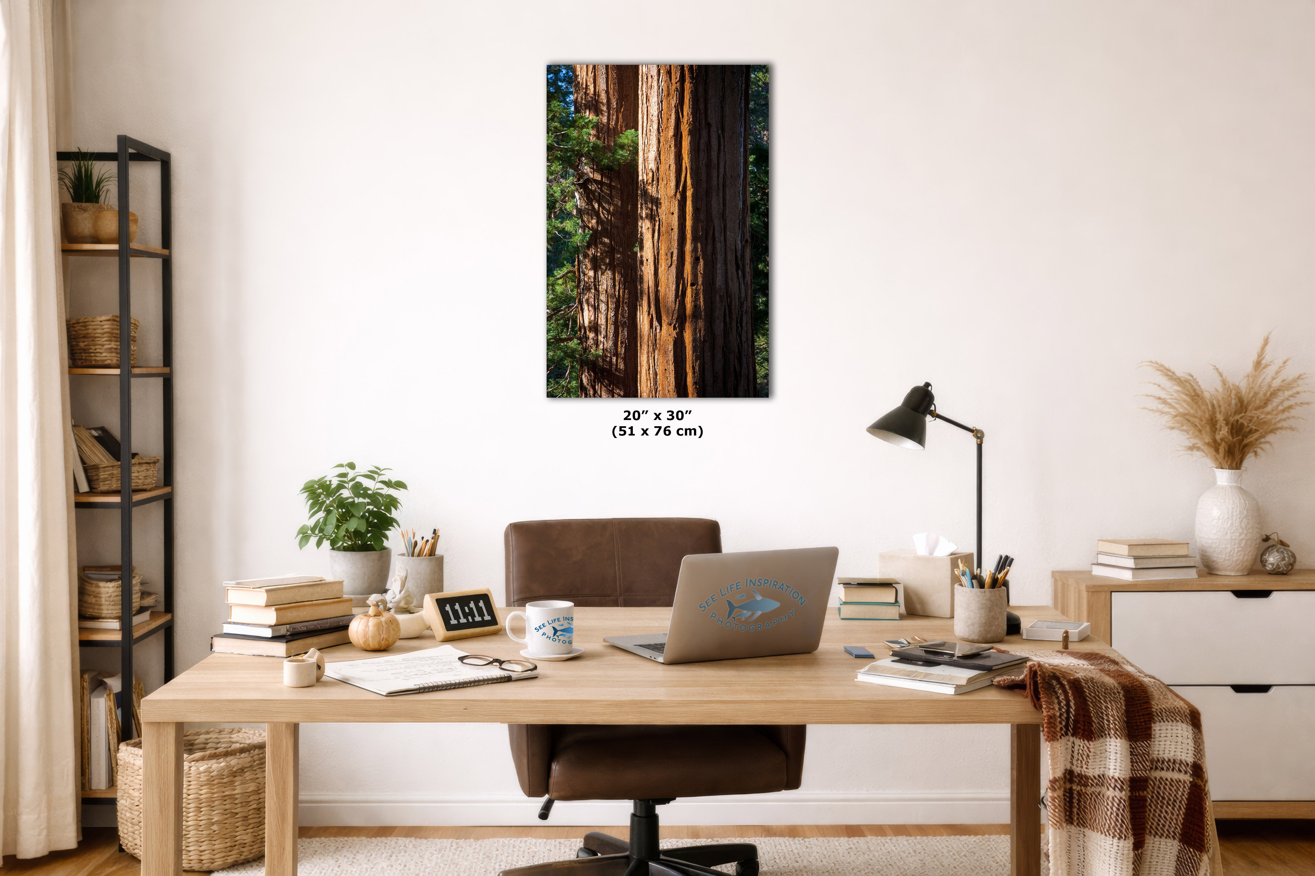Home office with a desk, chair, and wall art of Sequoia bark wall art.