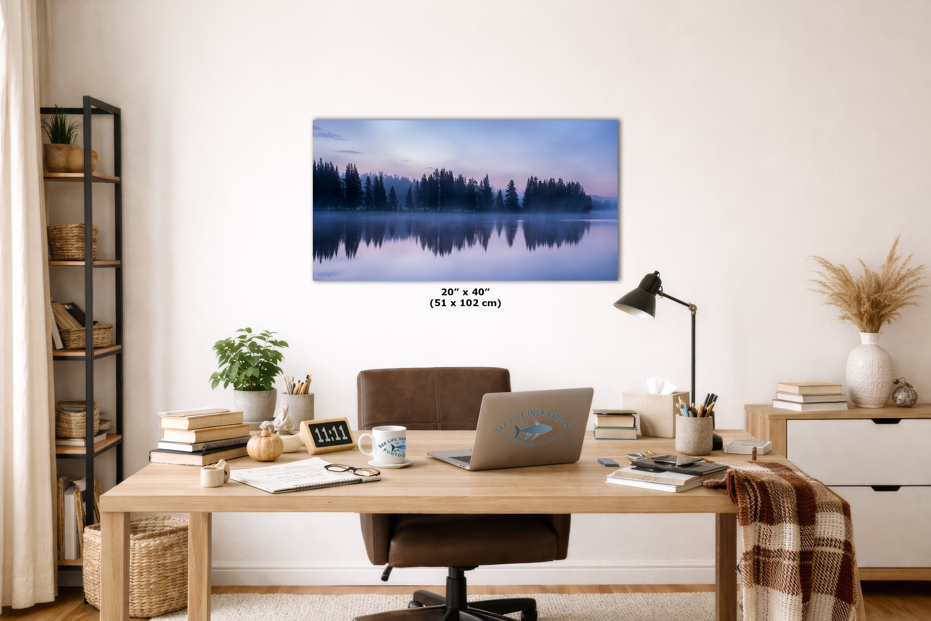 Yellowstone Lake Foggy Forest Picture, Reflection Nature Photo, Wyoming Landscape Relaxation Artwork for Meditation, Office, & House Decor