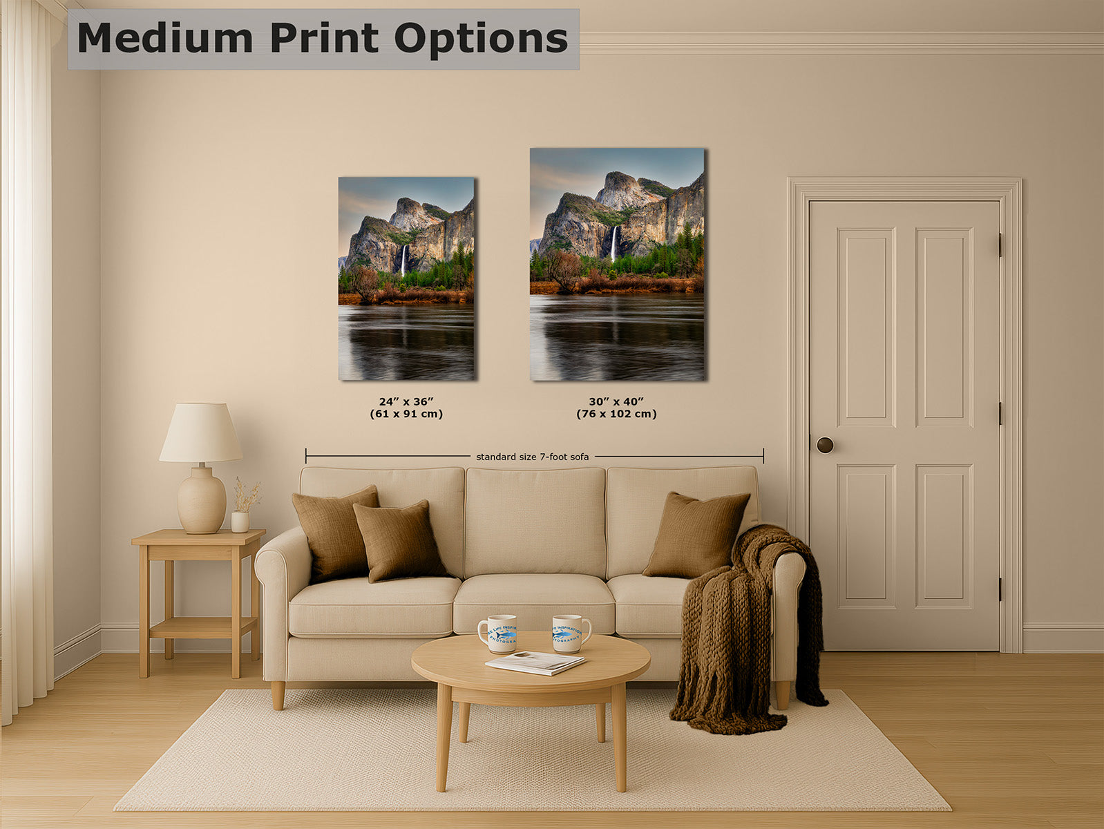 Medium print size options of Yosemite Valley fine art nature photography shown above a sofa for scale reference