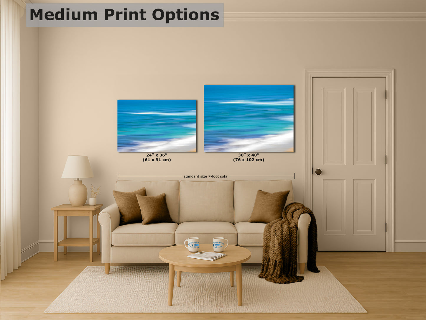 Bright Beach Waves Ocean Picture Impressionist Art Nature Photo, Relaxation Artwork for Coastal Meditation, Office, and House Decor