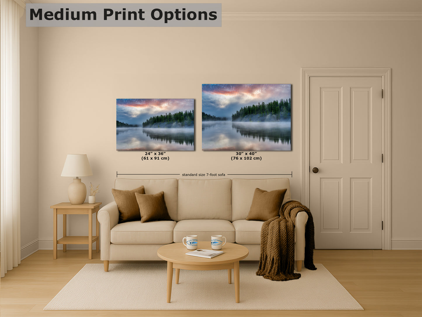 Yellowstone Lake Foggy Forest Picture, Reflection Nature Photo, Wyoming Landscape Relaxation Artwork for Meditation, Office & Home Decor