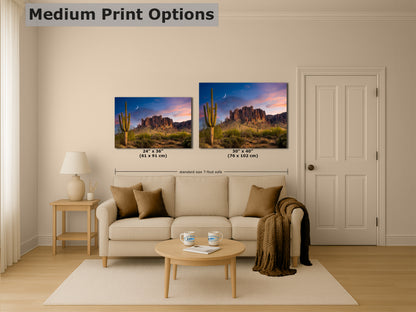 Arizona Desert Picture Sunset, Saguaro Cactus Artwork Nature Photo, Southwestern Wall Art of Superstition Mountains at Lost Dutchman State Park