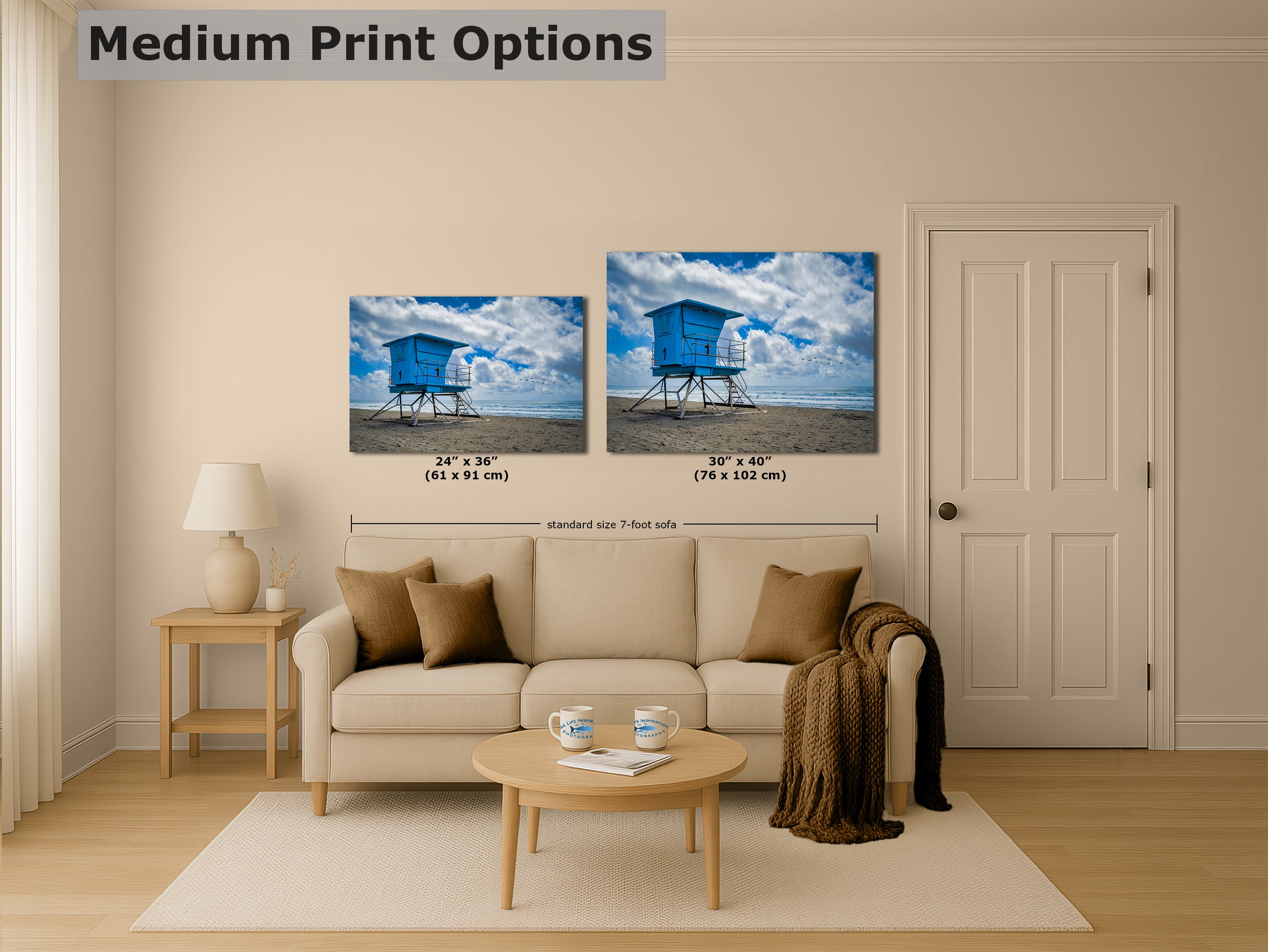 Southern California Coastline Lifeguard Tower Ocean Picture, Oceanside Relaxation Artwork for Meditation, Office, Dorm, and House Decor