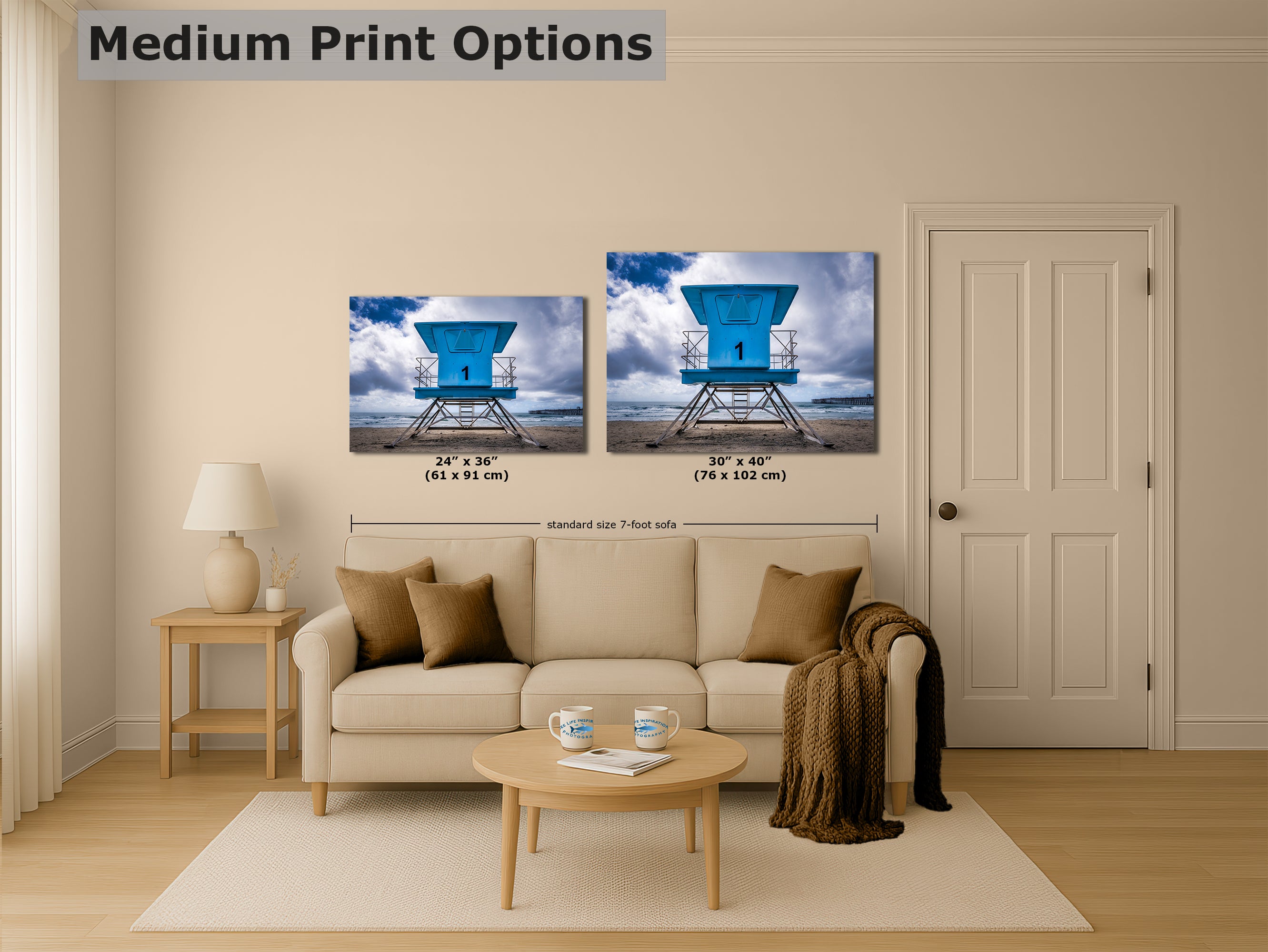 Southern California Coastline Lifeguard Tower Ocean Picture, Oceanside Pier Relaxation Artwork for Meditation, Office, Dorm, and House Decor