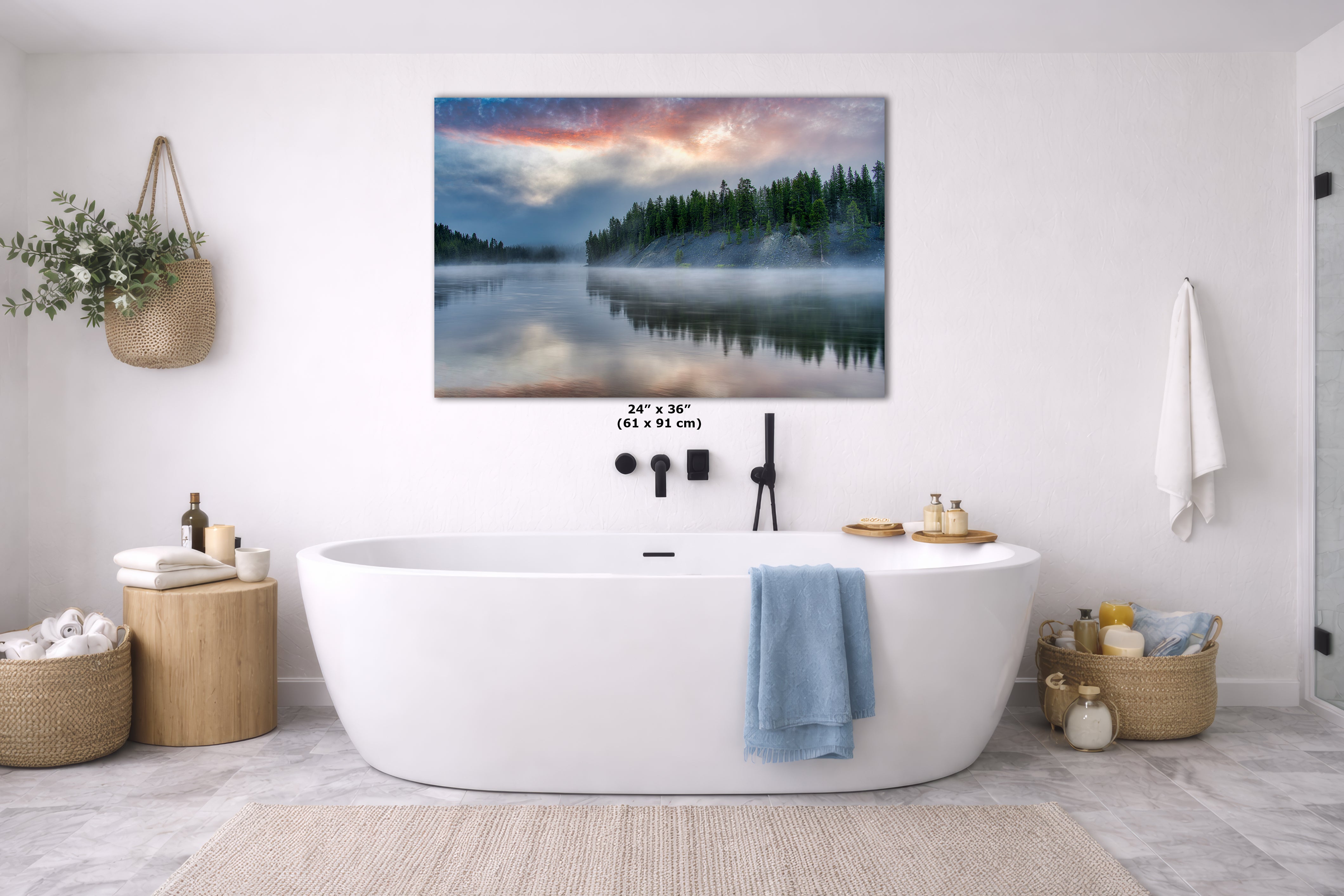 Yellowstone Lake Foggy Forest Picture, Reflection Nature Photo, Wyoming Landscape Relaxation Artwork for Meditation, Office & Home Decor