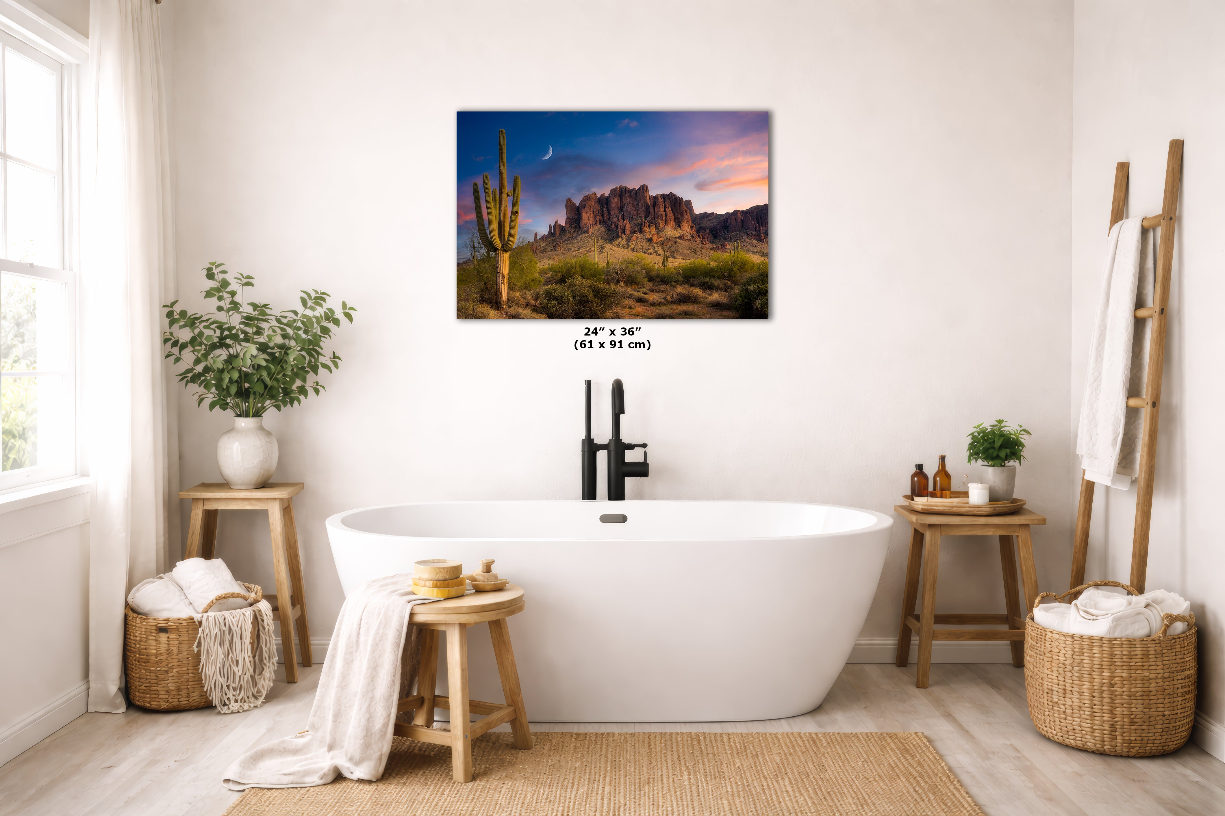 Arizona Desert Picture Sunset, Saguaro Cactus Artwork Nature Photo, Southwestern Wall Art of Superstition Mountains at Lost Dutchman State Park