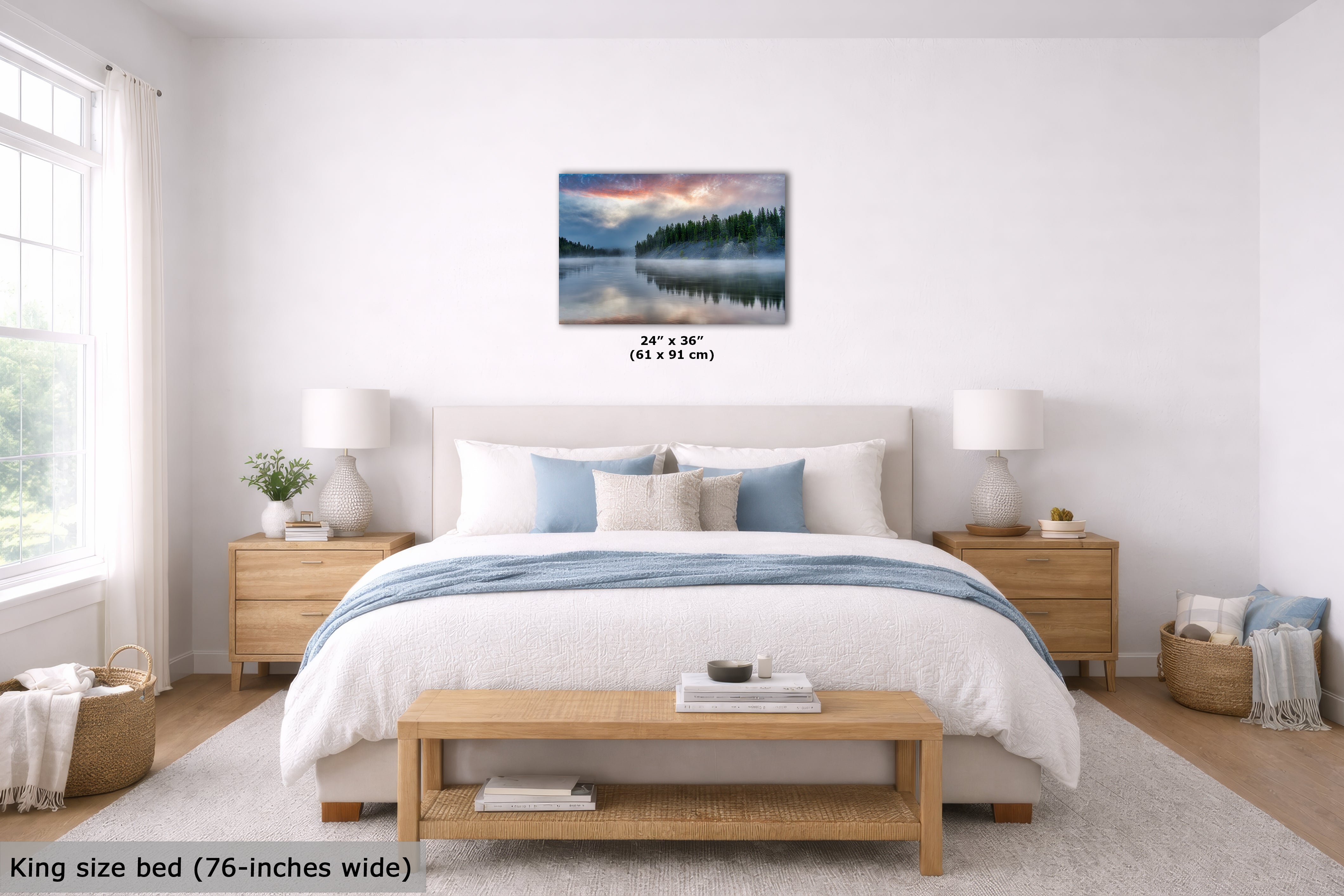 Yellowstone Lake Foggy Forest Picture, Reflection Nature Photo, Wyoming Landscape Relaxation Artwork for Meditation, Office & Home Decor