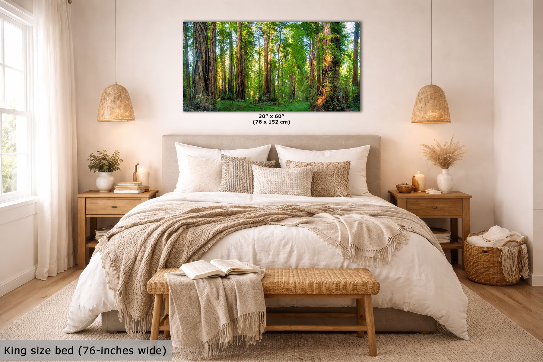 A California Redwood forest wall art print displayed above a neatly made bed in a bright, modern bedroom. The print shows a lush green woodland scene with tall trees and sunlight.