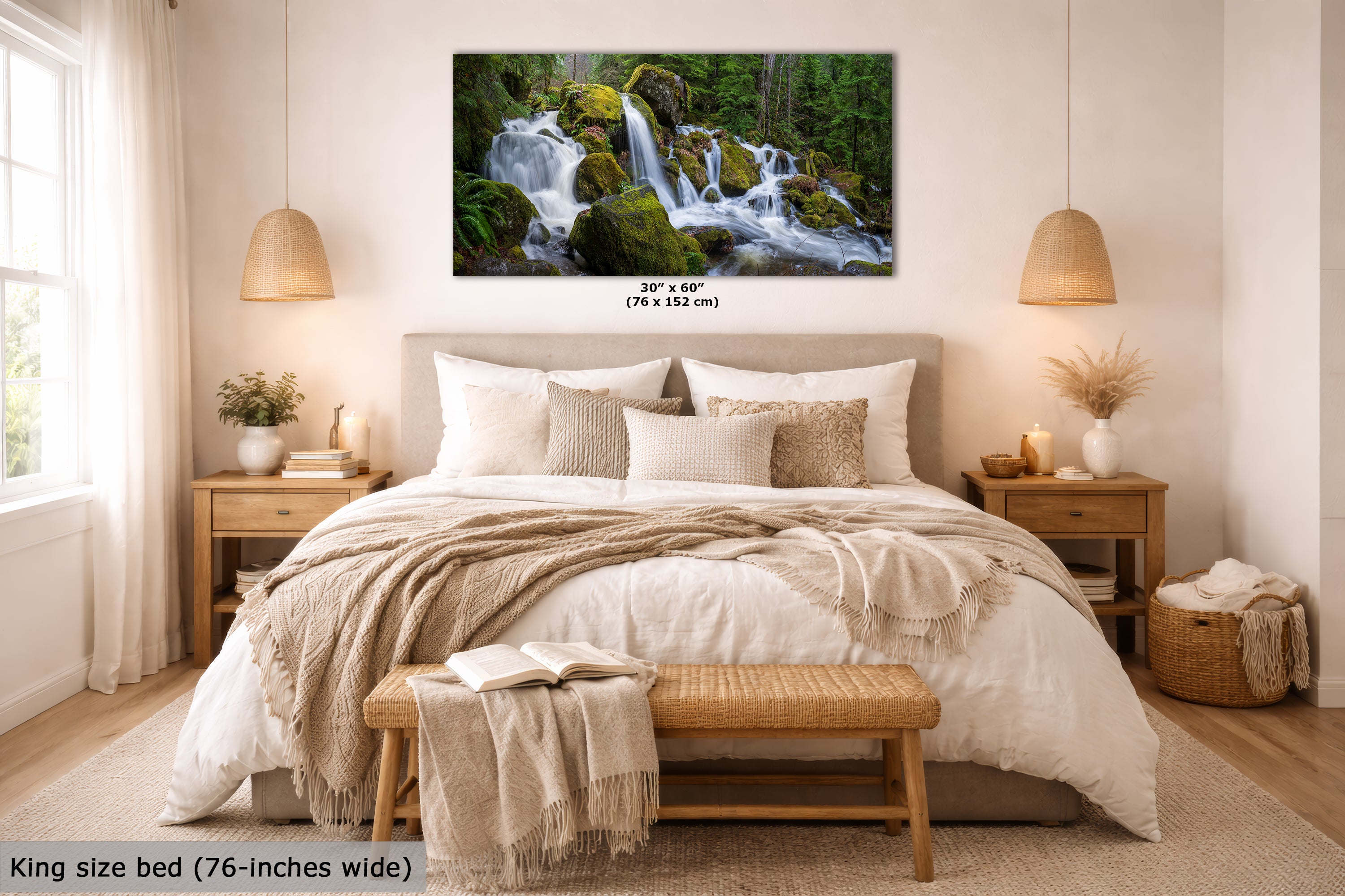 Oregon Waterfall Picture, Pacific Northwest Nature Photo Relaxation Artwork in Bohemian Style for Meditation, Office, Apartment, House Decor