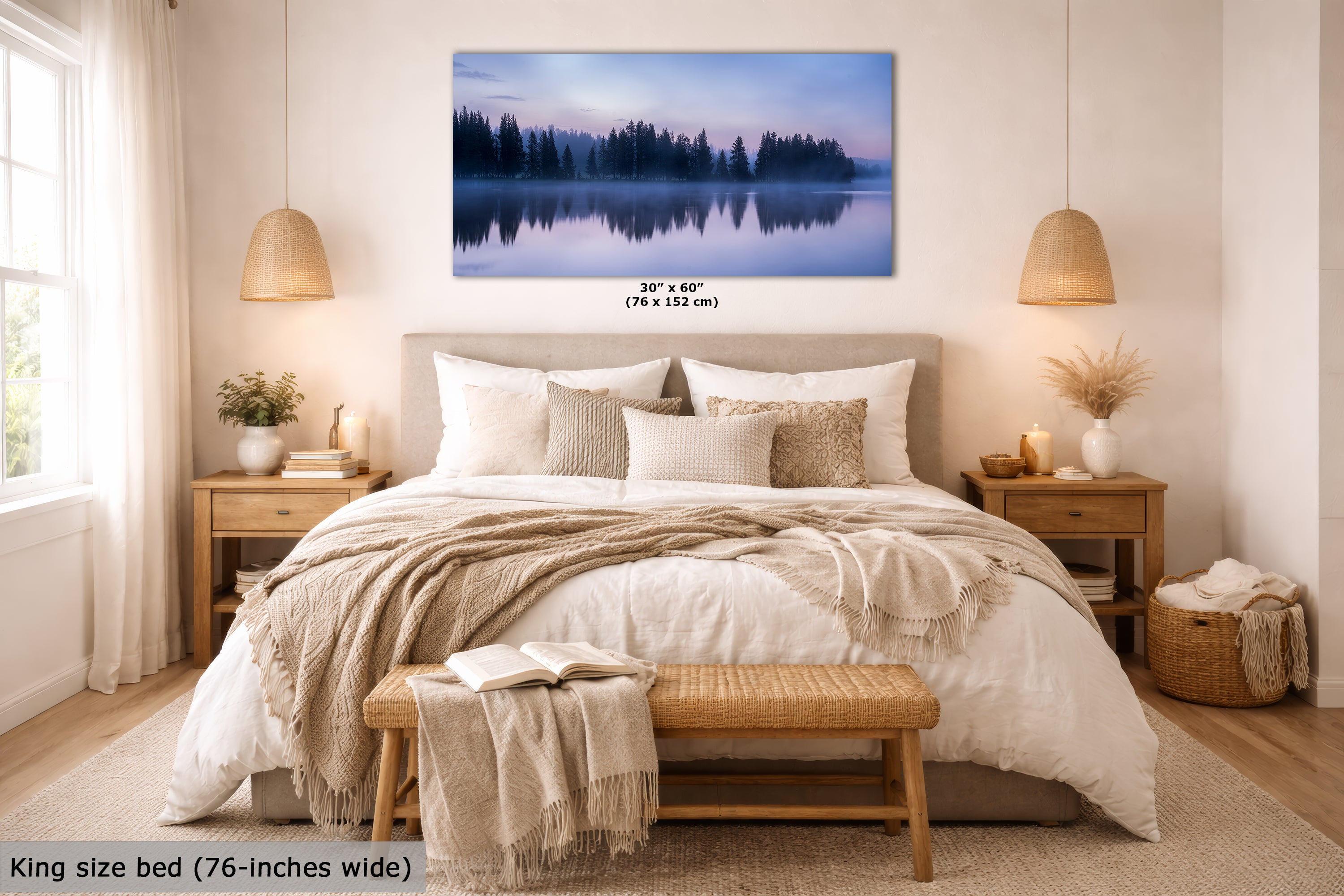 Yellowstone Lake Foggy Forest Picture, Reflection Nature Photo, Wyoming Landscape Relaxation Artwork for Meditation, Office, & House Decor