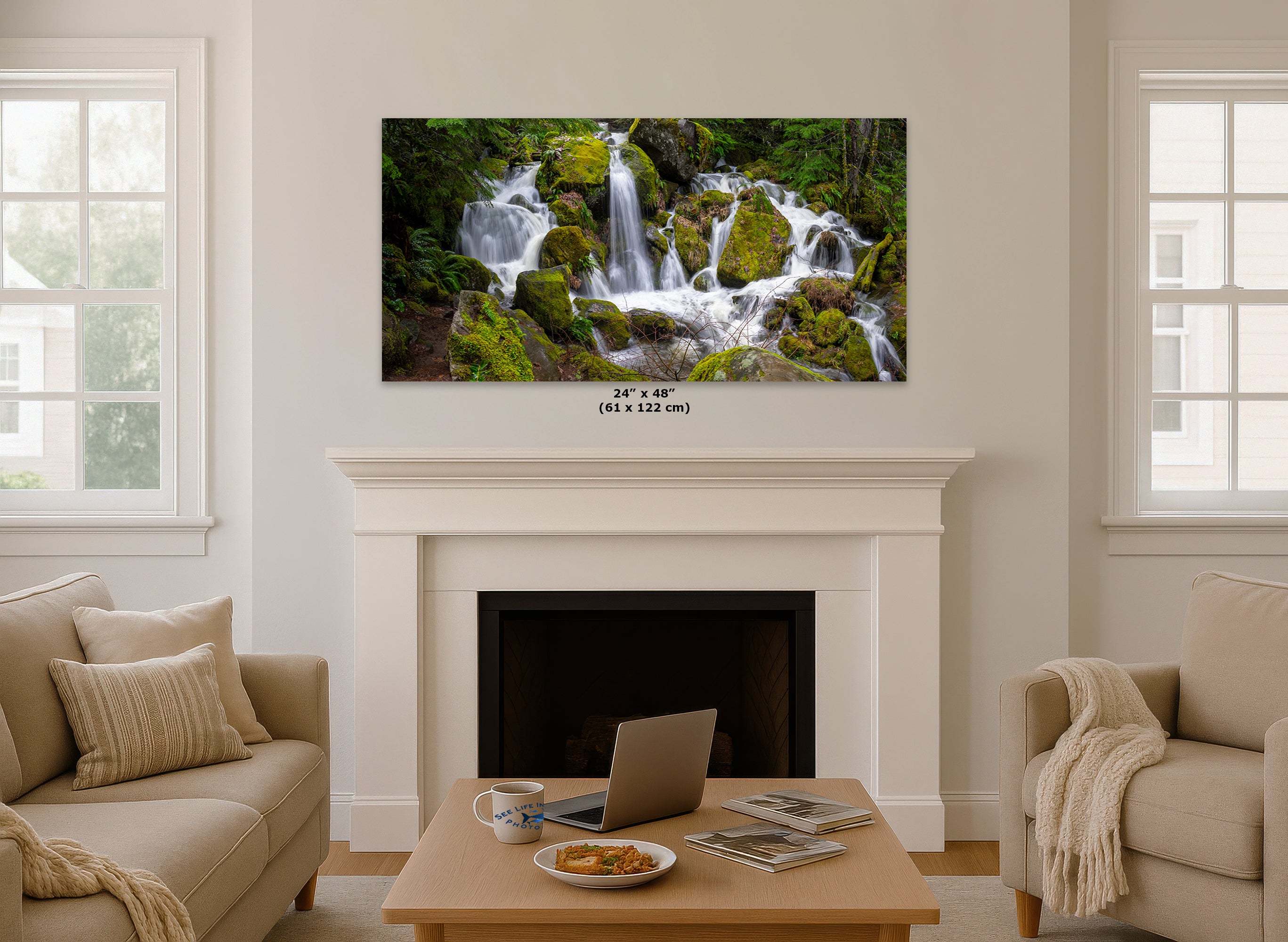 Oregon Pacific Northwest Waterfall Picture Nature Photo Relaxation Artwork in Bohemian Style for Meditation, Office, Apartment, House Decor