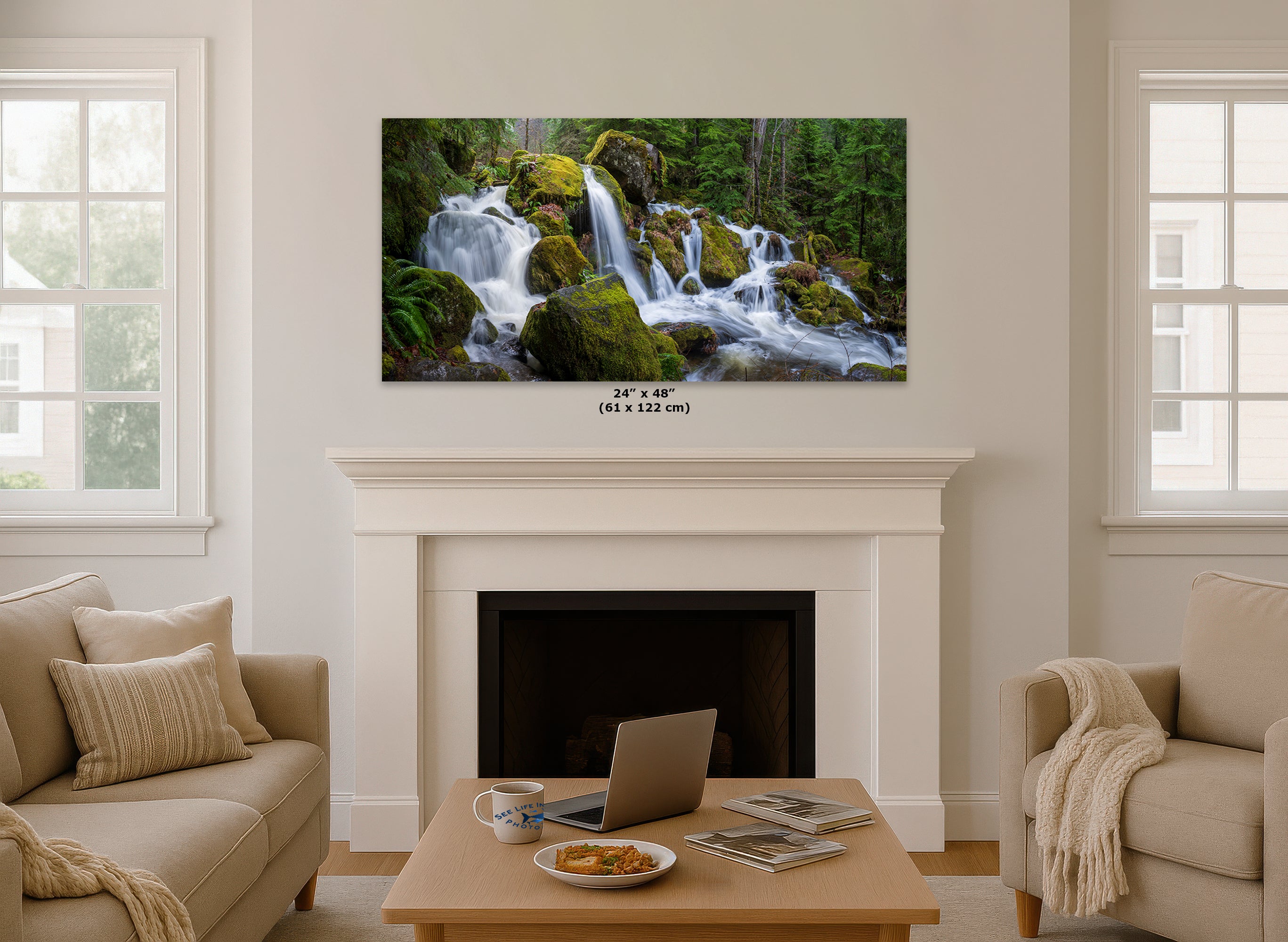 Oregon Waterfall Picture, Pacific Northwest Nature Photo Relaxation Artwork in Bohemian Style for Meditation, Office, Apartment, House Decor