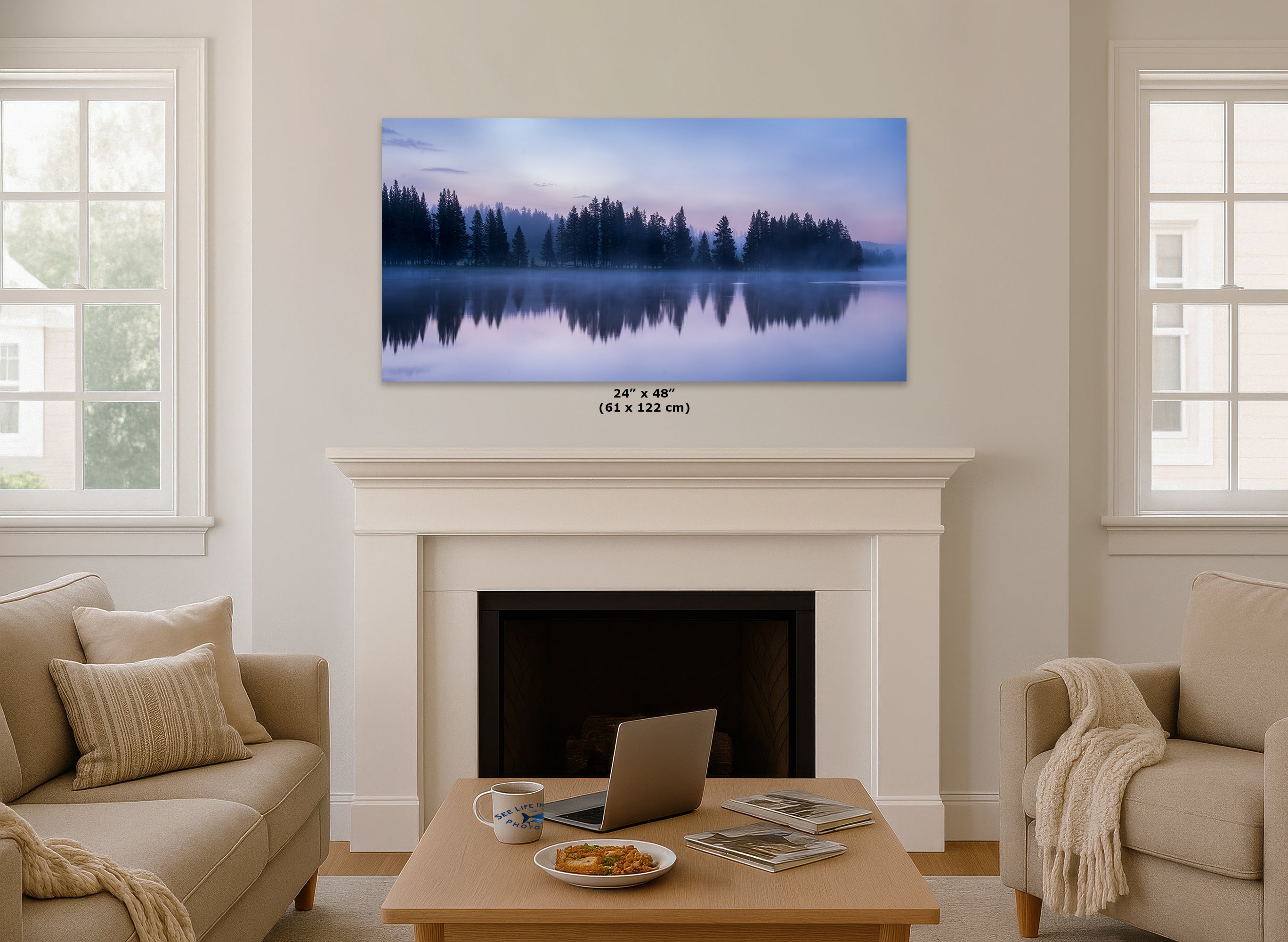 Yellowstone Lake Foggy Forest Picture, Reflection Nature Photo, Wyoming Landscape Relaxation Artwork for Meditation, Office, & House Decor