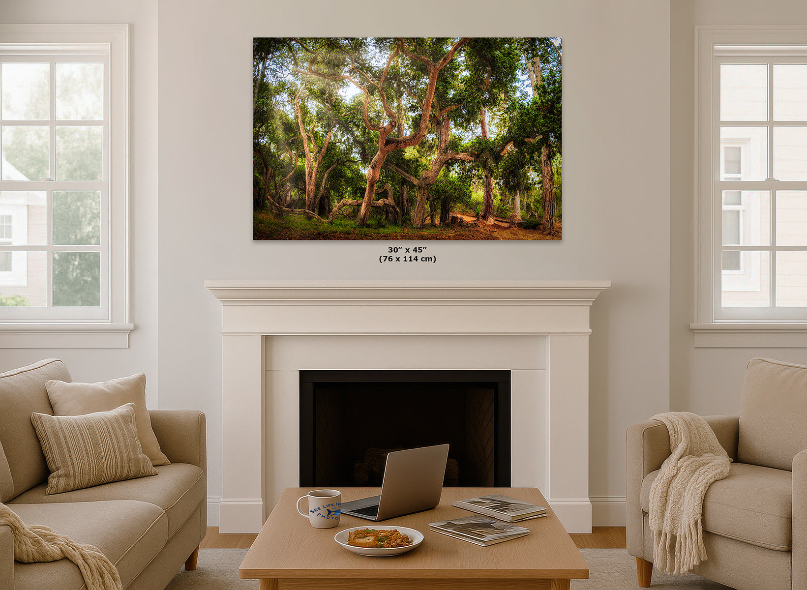A coast live oak forest landscape print with green trees and warm brown trunks, displayed above a white fireplace mantel in a bright living room. Small text below the print reads 30" x 45" (76 x 114 cm).