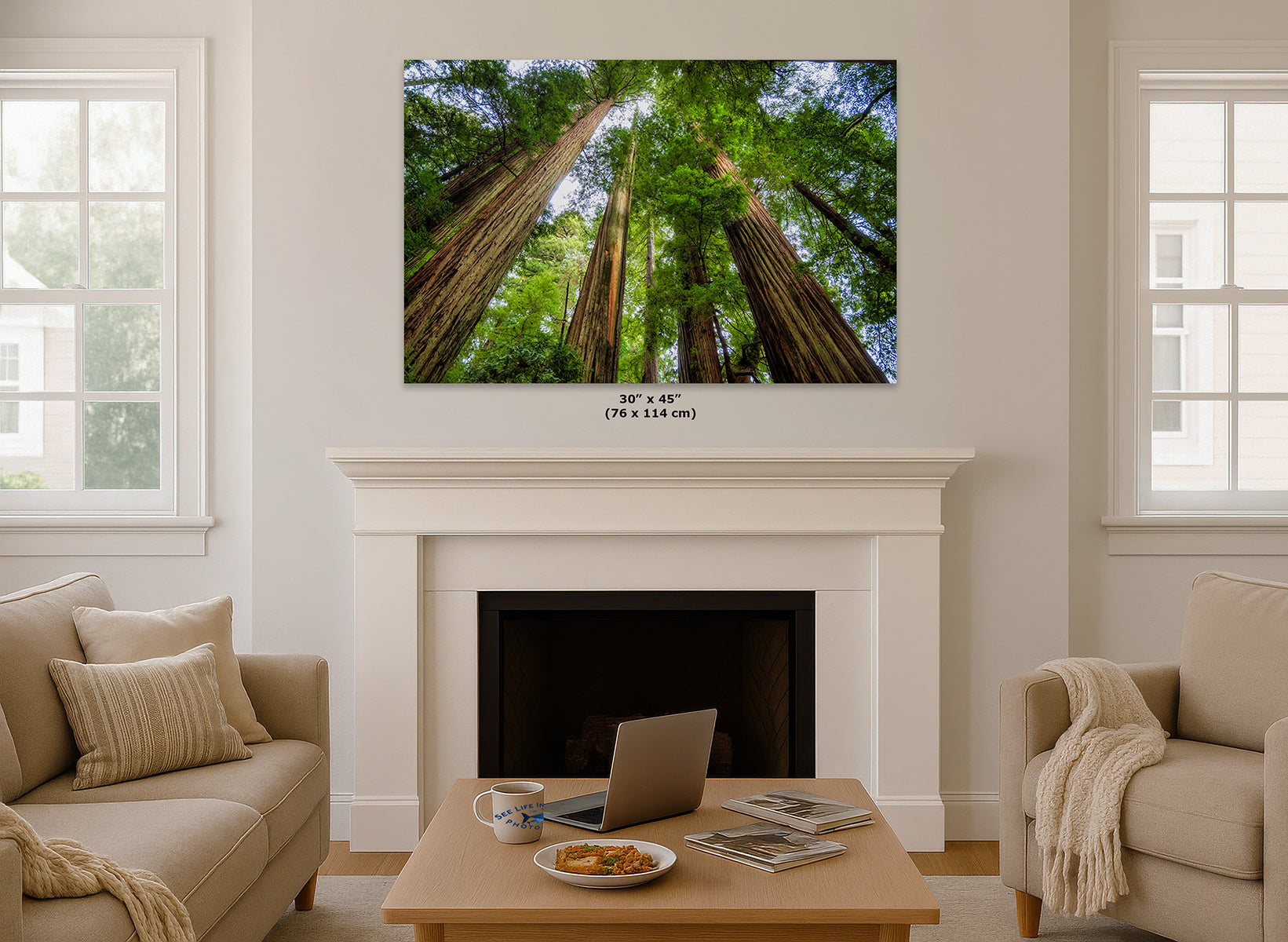 A framed wall art print depicting giant redwood trees, shown hanging above a white fireplace mantel in a bright, modern living room. The dimensions of the print are displayed below it.