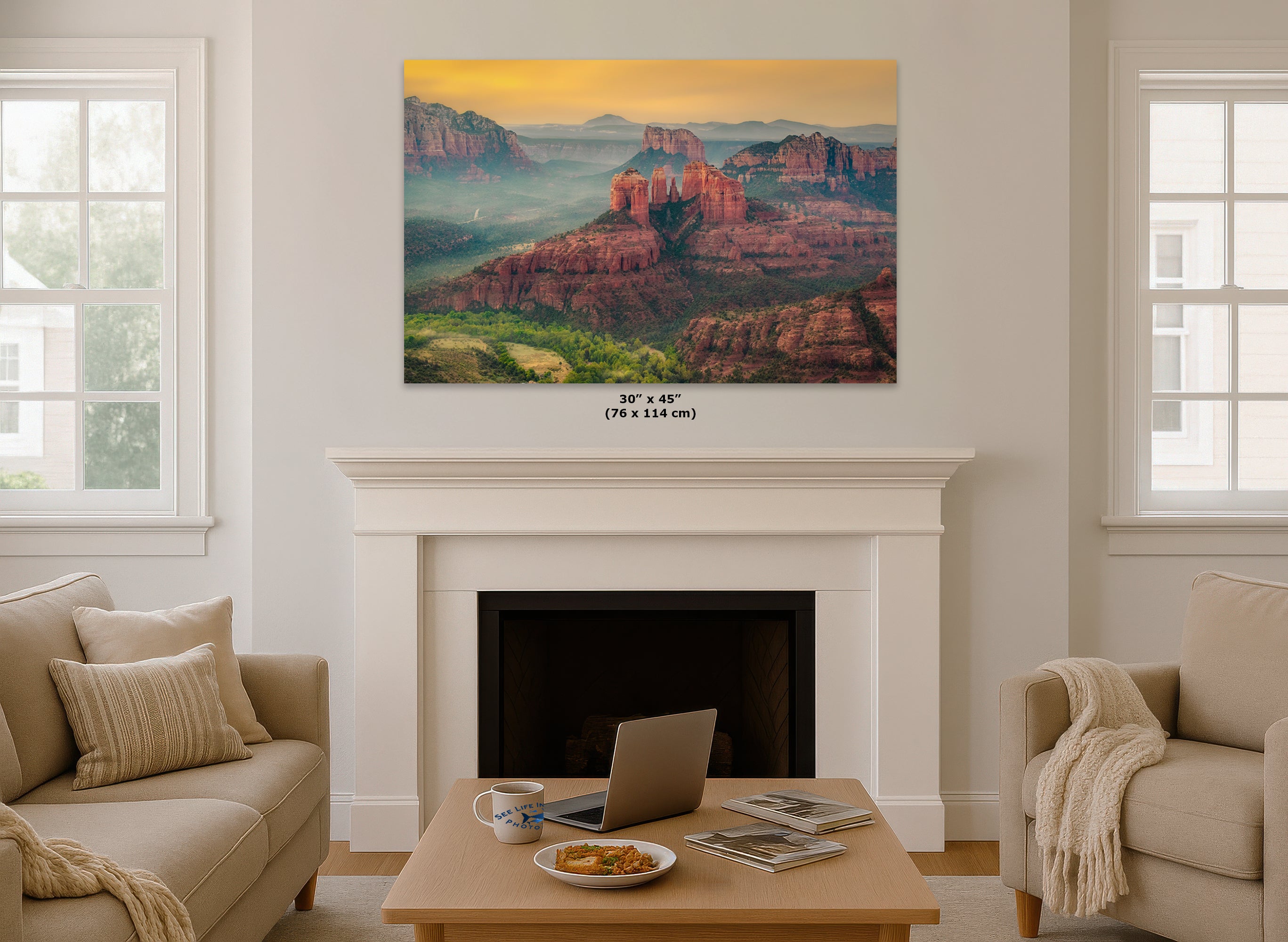 Cathedral Rock Aerial Sunrise, Sedona Arizona Desert Picture Nature Photo Relaxation Artwork for Meditation, Office, and House Decor