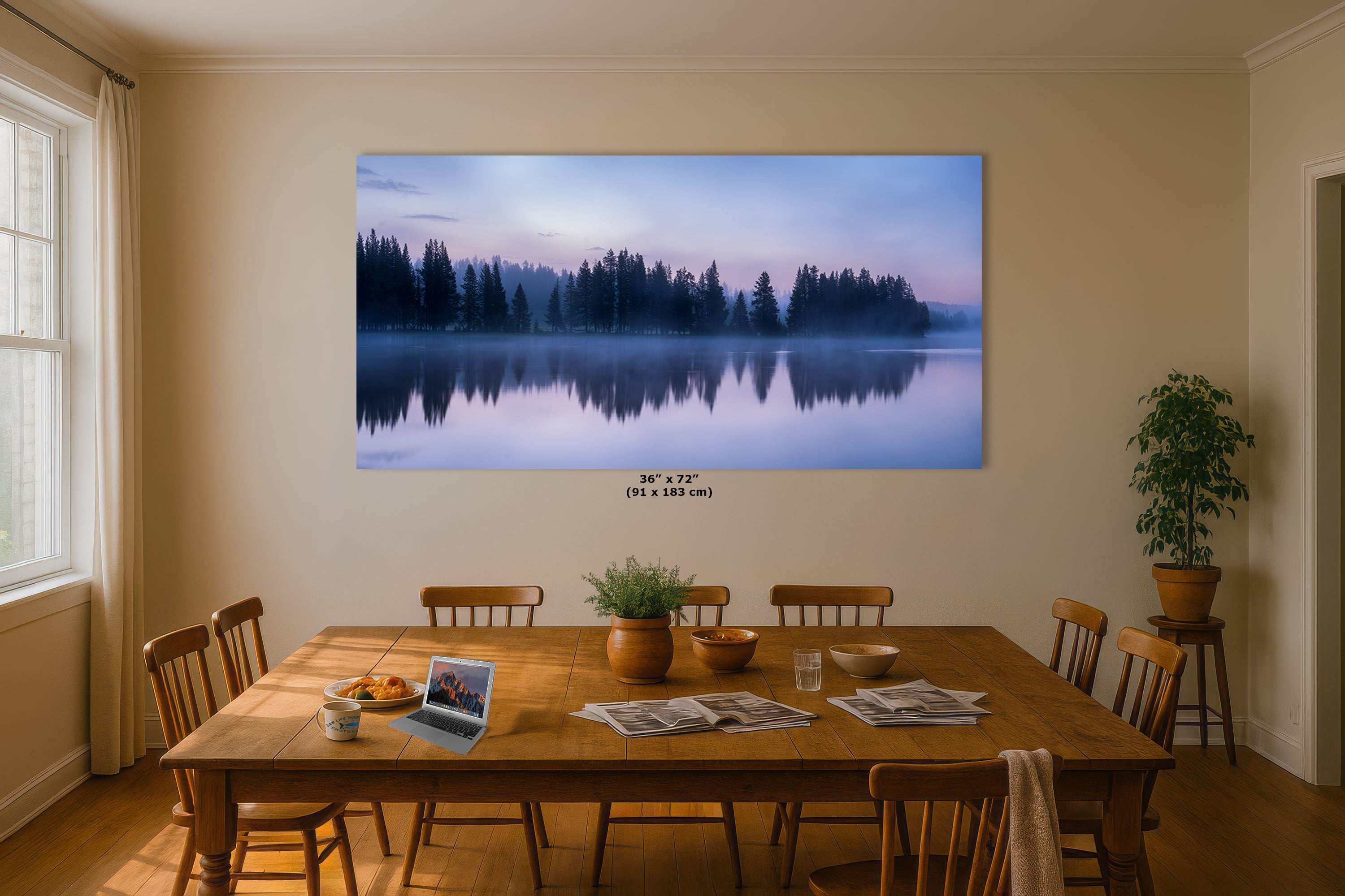 Yellowstone Lake Foggy Forest Picture, Reflection Nature Photo, Wyoming Landscape Relaxation Artwork for Meditation, Office, & House Decor