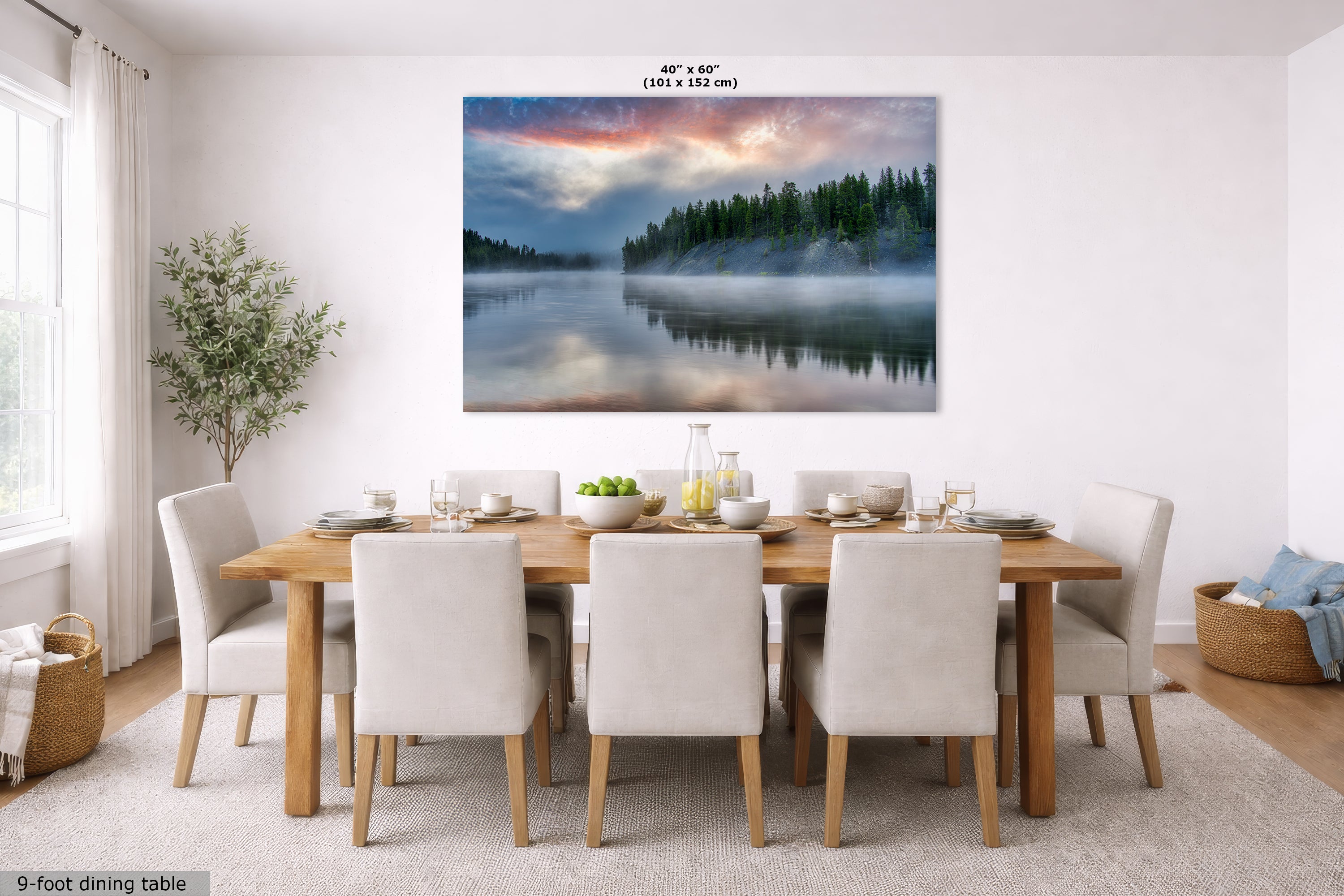 Yellowstone Lake Foggy Forest Picture, Reflection Nature Photo, Wyoming Landscape Relaxation Artwork for Meditation, Office & Home Decor