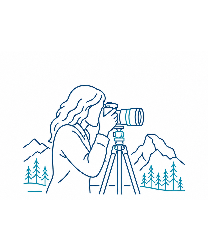 Blue line art illustration of a woman using a camera on a tripod, with mountains and trees in the background, on a white background.