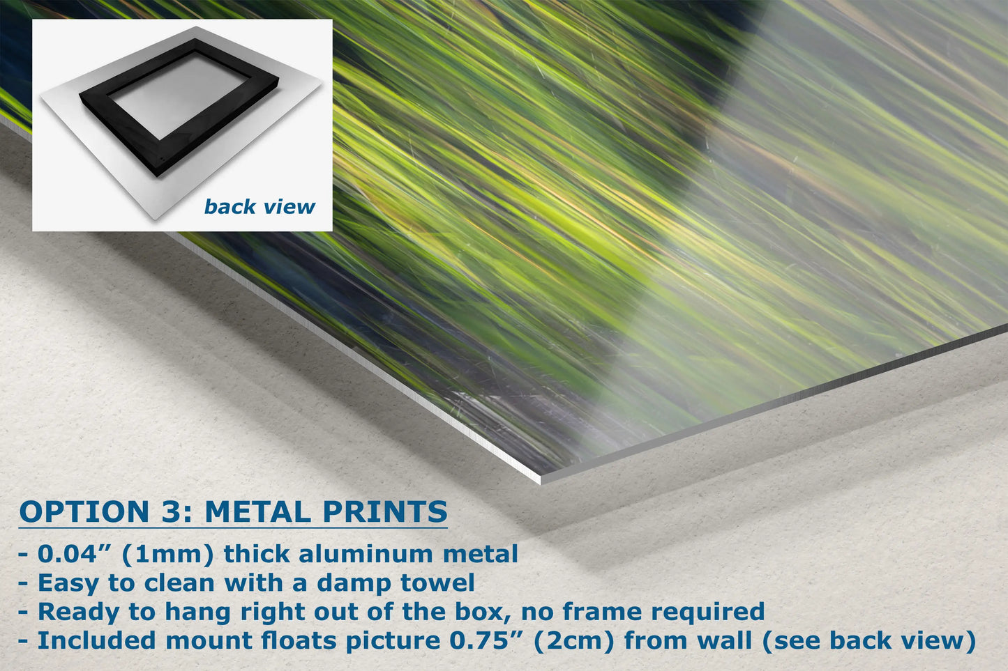 a close up of a metal sheet with the text option 3 metal prints