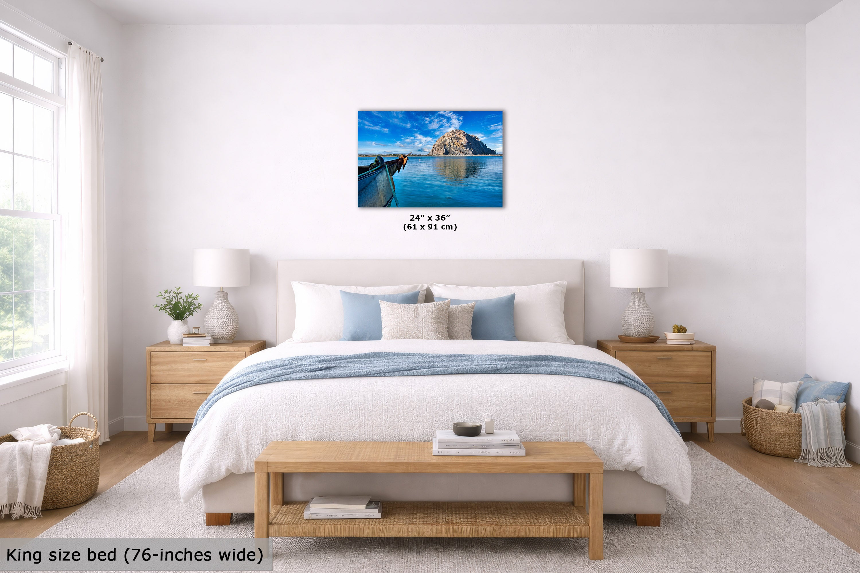 Bedroom with a King size bed, wooden nightstands, and a wall art print.