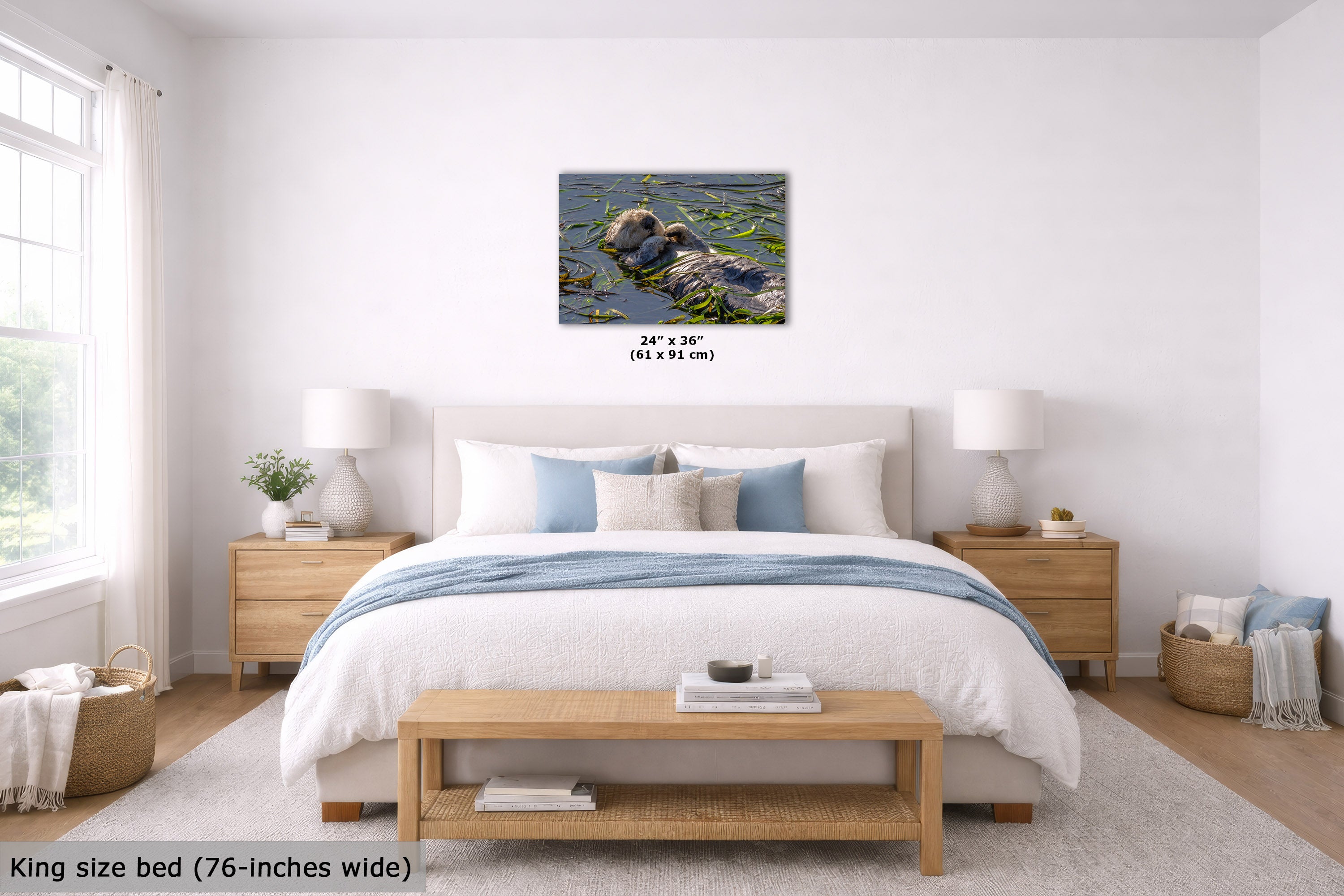 A wall art print displayed above a neatly made bed in a bright, modern bedroom. The print includes size text indicating 24" x 36" (61 x 91 cm).