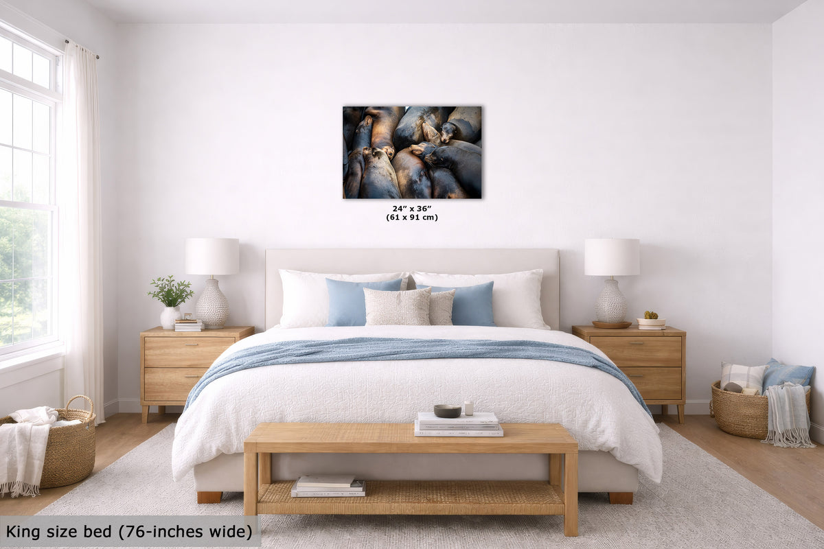 A wall art print displayed above a neatly made bed in a bright, modern bedroom. The print includes size text indicating 24" x 36" (61 x 91 cm).