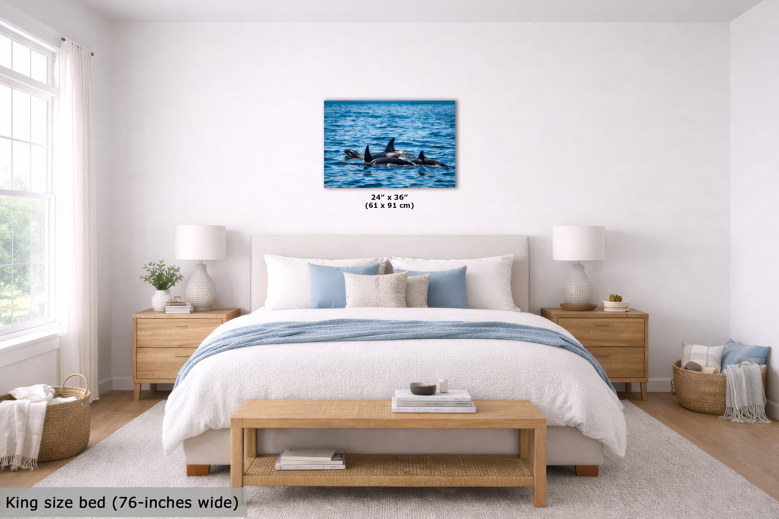 A wall art print showing a blue ocean scene with a pod of killer whales displayed above a neatly made bed in a bright, modern bedroom. The print includes size text reading 24" x 36" (61 x 91 cm), and the room scene includes a text overlay stating King size bed (76-inches wide) at the bottom left.