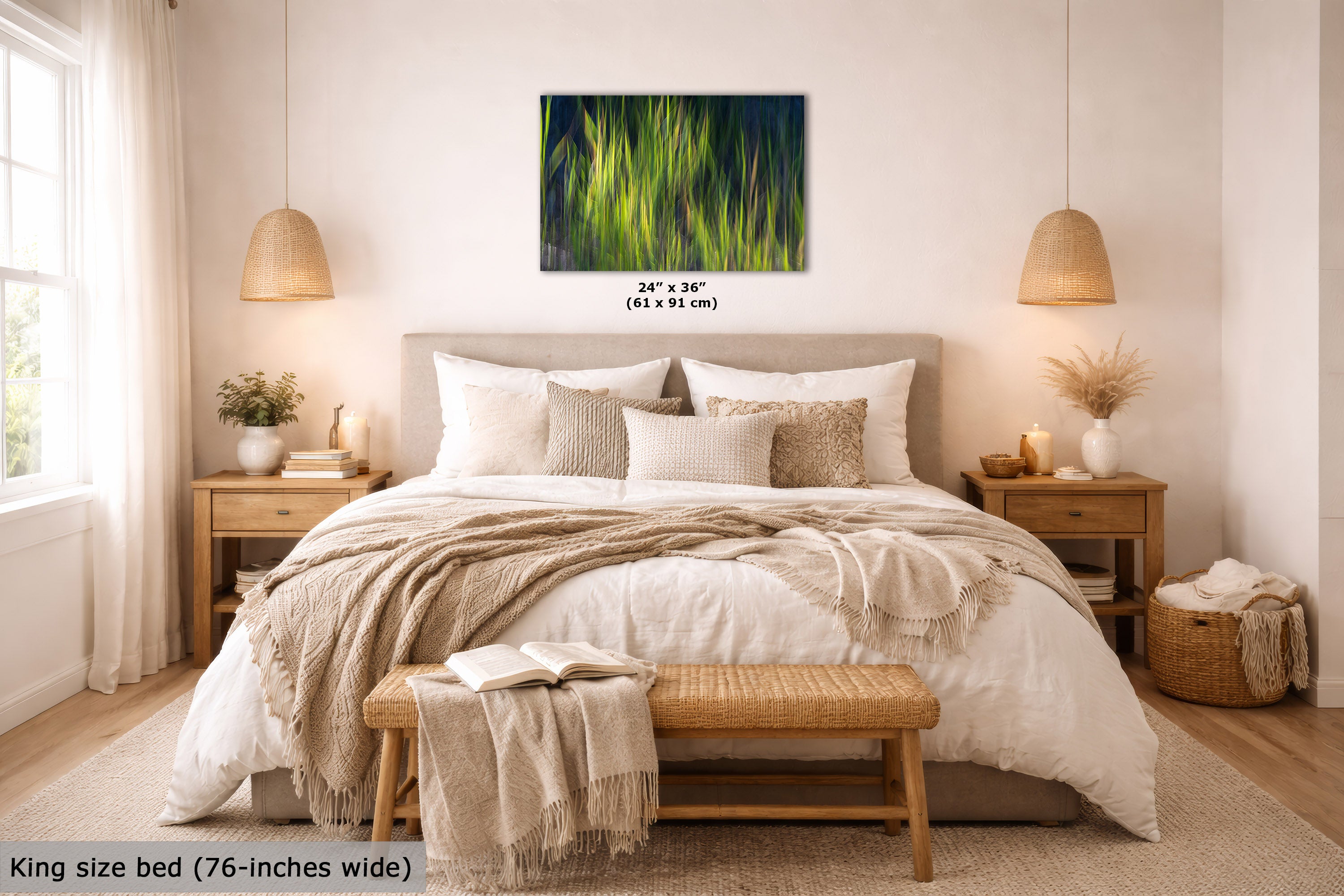 Bedroom with a king size bed, nightstands, and a wall art piece.