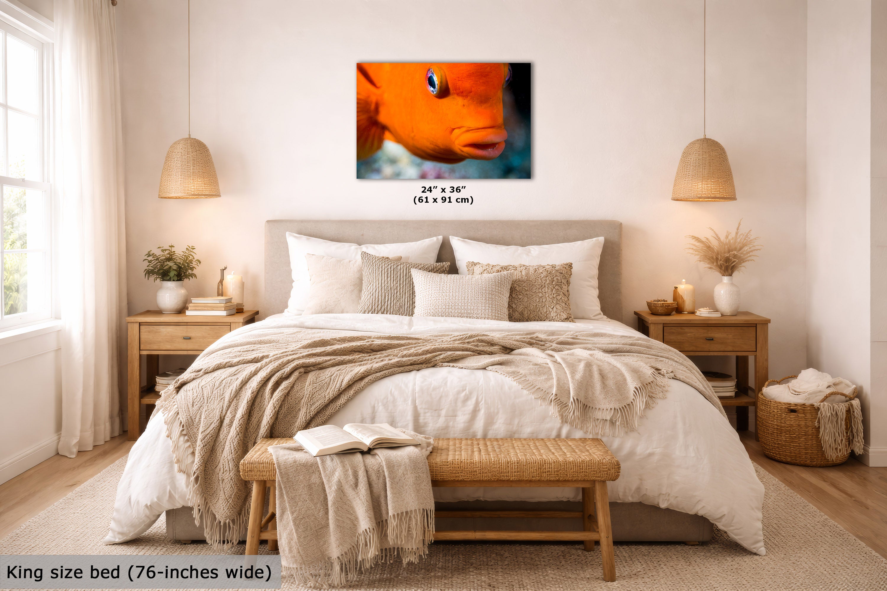 A bedroom scene showing a framed wall art print of an orange fish above a neatly made bed. The print includes size text reading 24 x 36" (61 x 91 cm), and the room also includes a king size bed description at the bottom left.