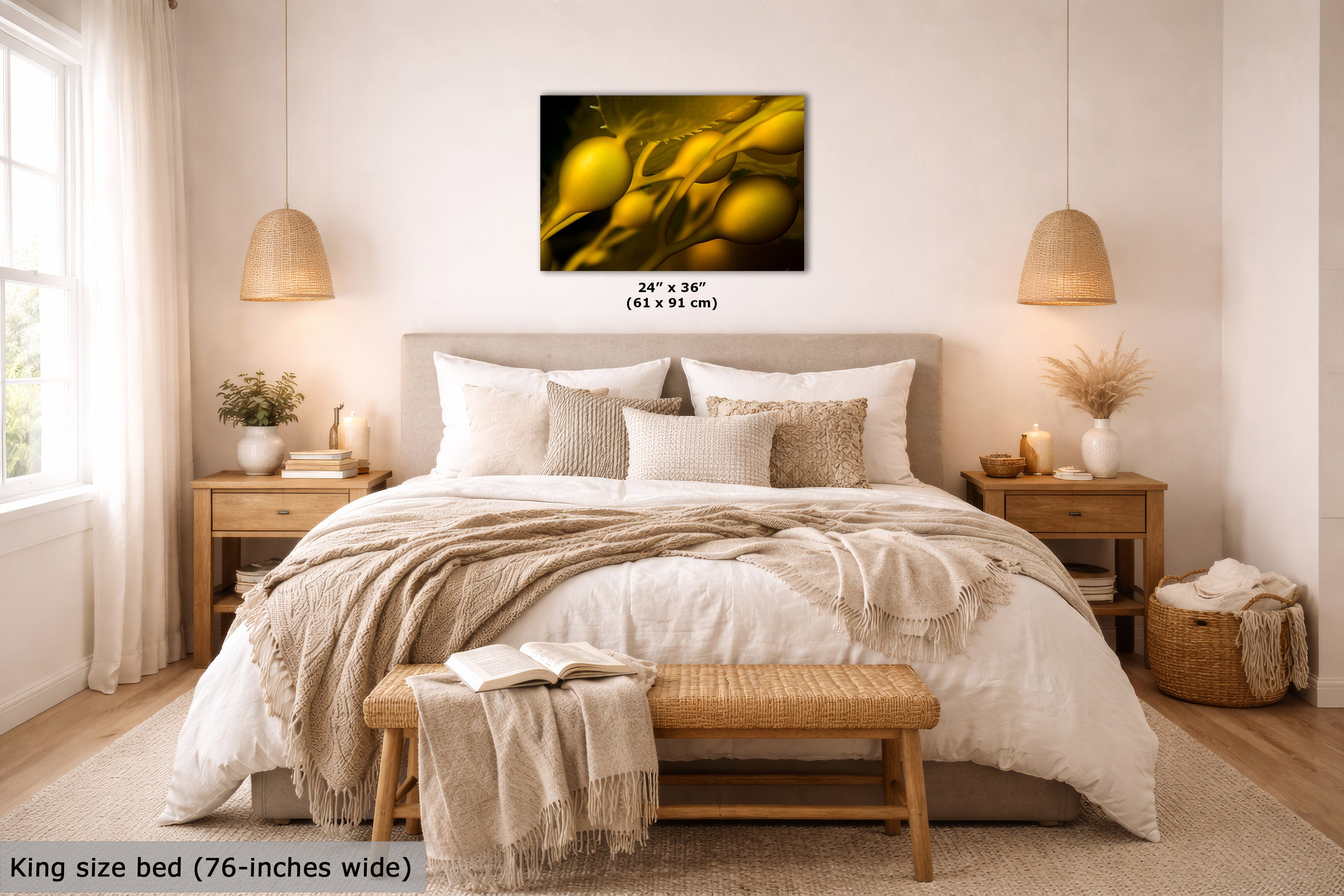 A wall art print showing yellow-brown underwater kelp hangs above a neatly made bed in a bright, modern bedroom. The print includes size text reading 24 x 36 inches (61 x 91 cm), and the room scene is styled with matching beige bedding, wooden nightstands, pendant lights, and a bench at the foot of the bed.