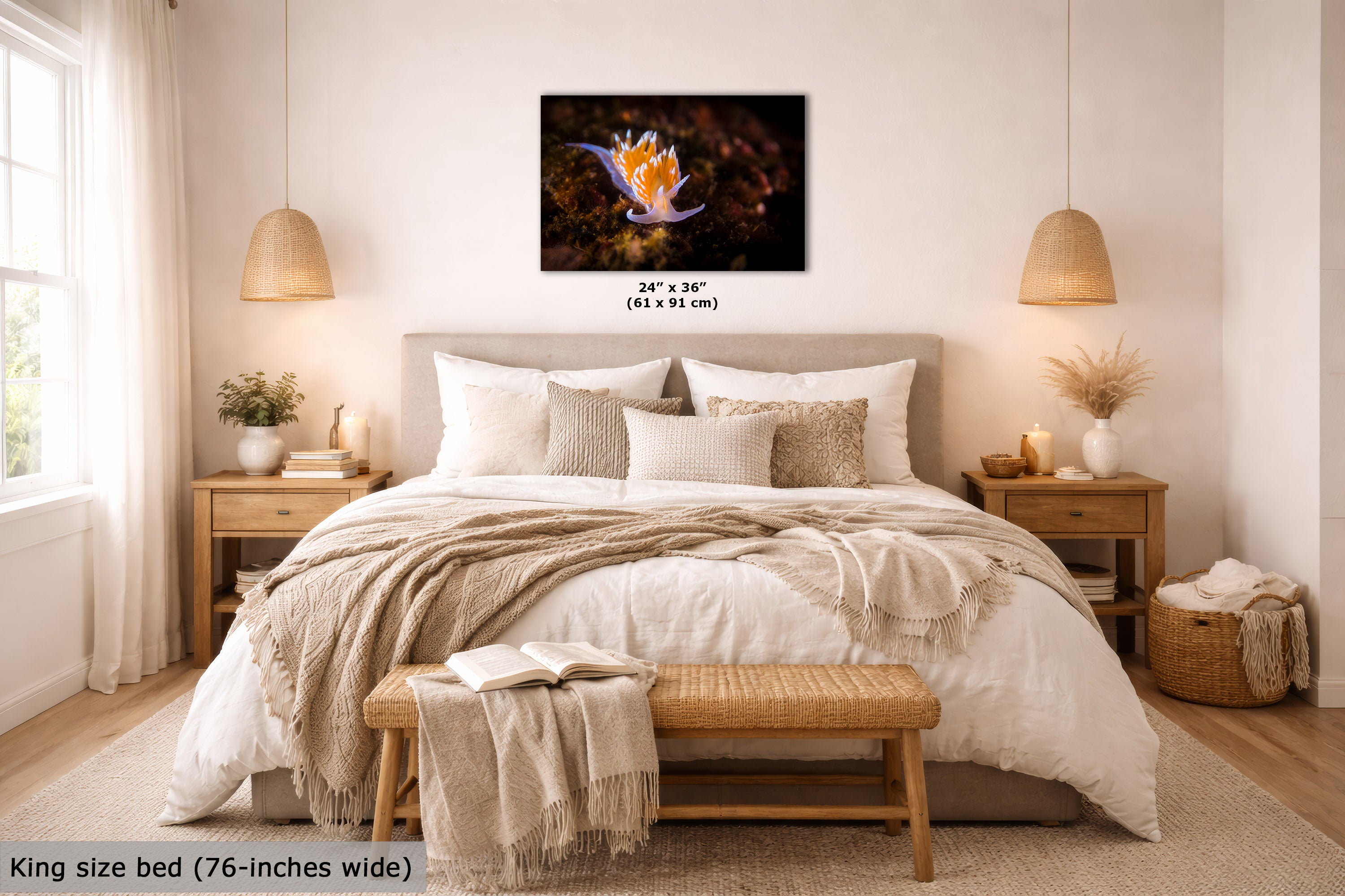 A wall art print showing a colorful sea slug on a dark ocean background, displayed above a neatly made bed in a bright, modern bedroom. The print includes size text indicating 24 x 36 inches, and the entire image has a text overlay at the bottom left stating 'King size bed (76-inches wide)'.