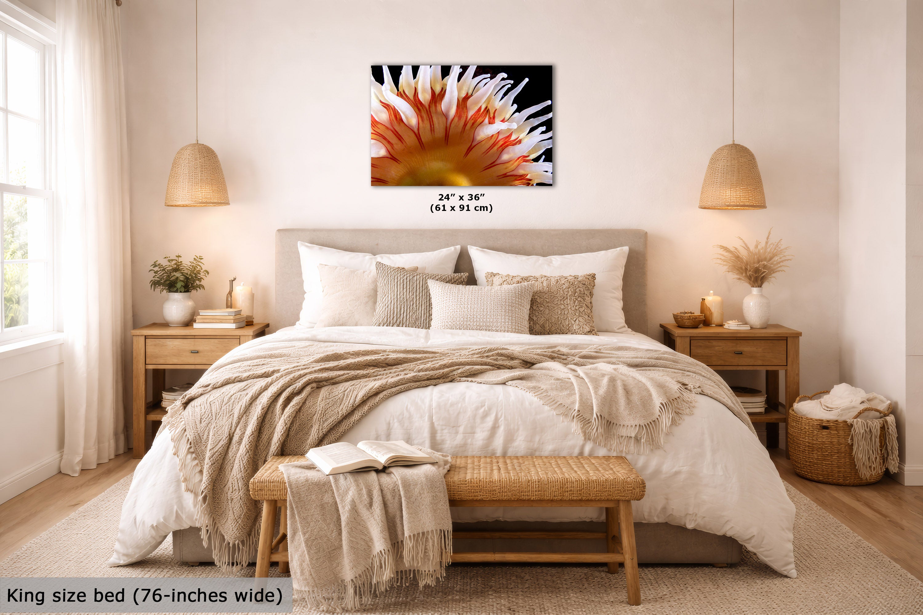 An anemone wall art print hangs above a neatly made bed in a bright, modern bedroom.