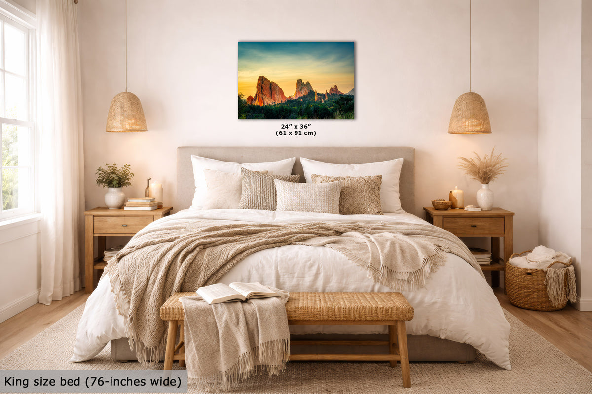 Bedroom with a King size bed, wooden nightstands, and a wall art piece.