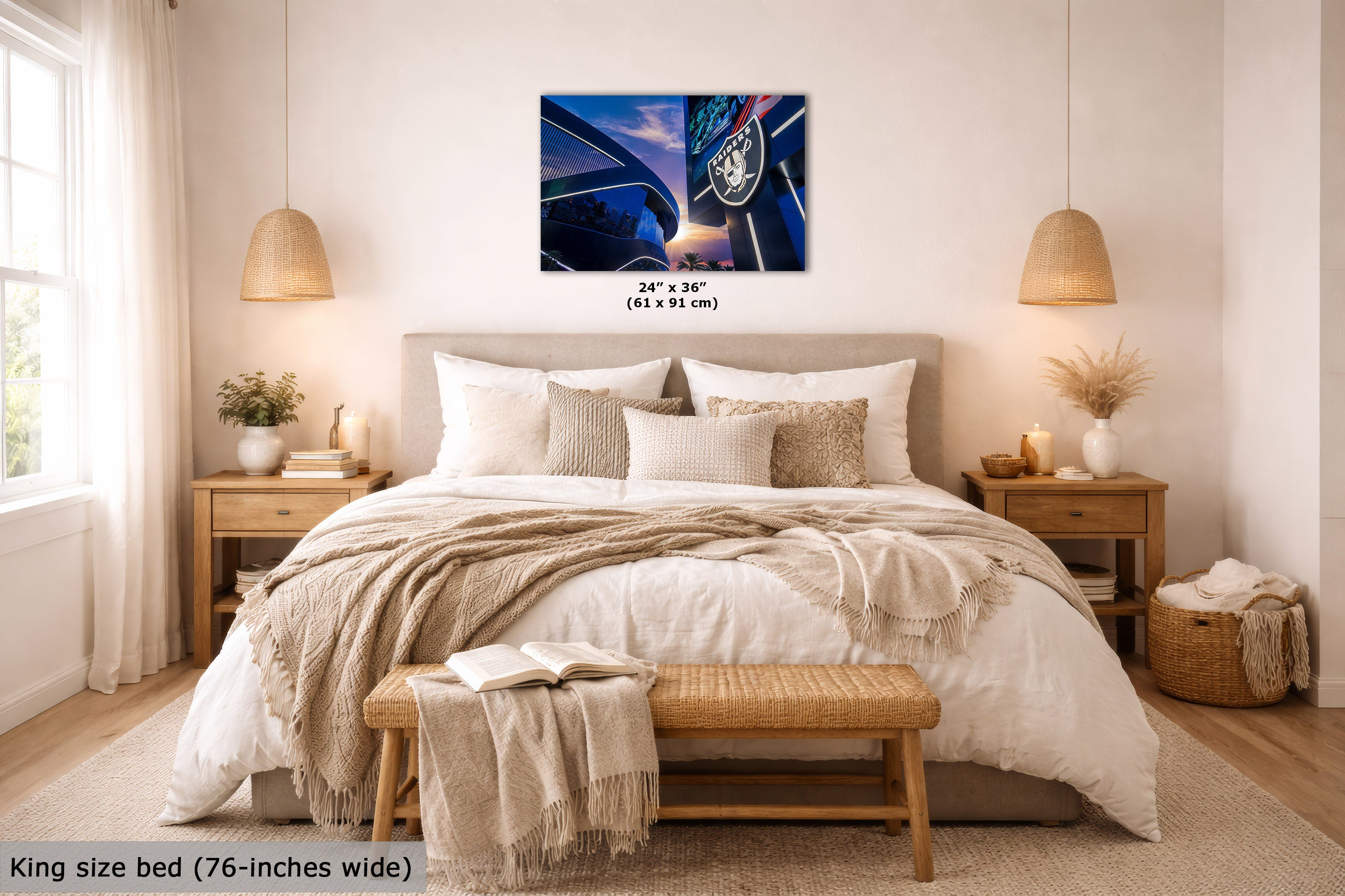 A wall art print showing a blue-toned night street scene with a horse and carriage, displayed above a neatly made bed in a bright, modern bedroom. The print includes size text reading 24" x 36" (61 x 91 cm).