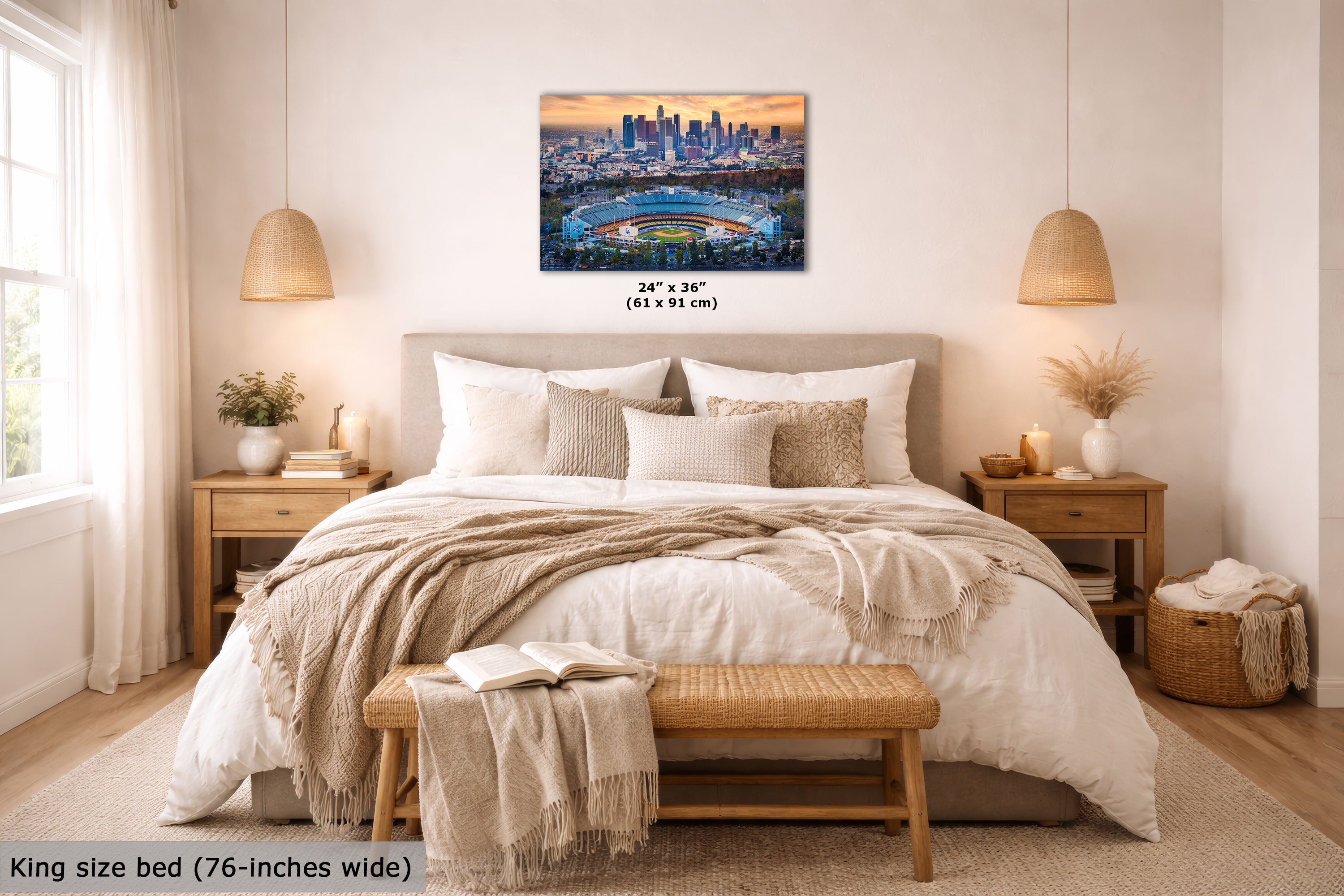 A city skyline wall art print hangs above a neatly made bed in a bright, modern bedroom. The print shows a blue harbor and illuminated skyscrapers at sunset.