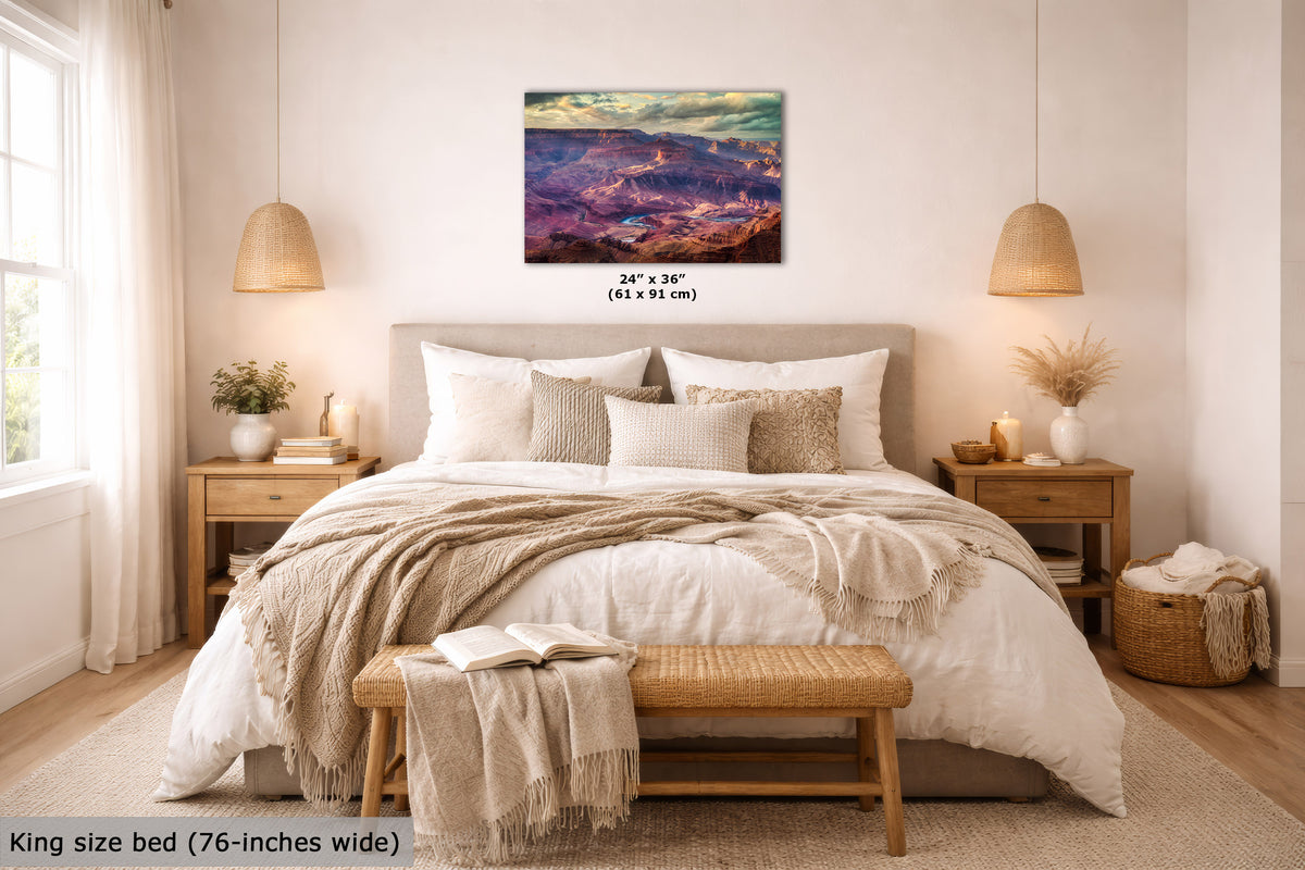 A wall art print showing a colorful mountain landscape hangs above a neatly made bed in a bright, modern bedroom. The print includes size text reading 24 x 36 inches (61 x 91 cm), and the room scene also includes a text label at the bottom left stating king size bed (76-inches wide).