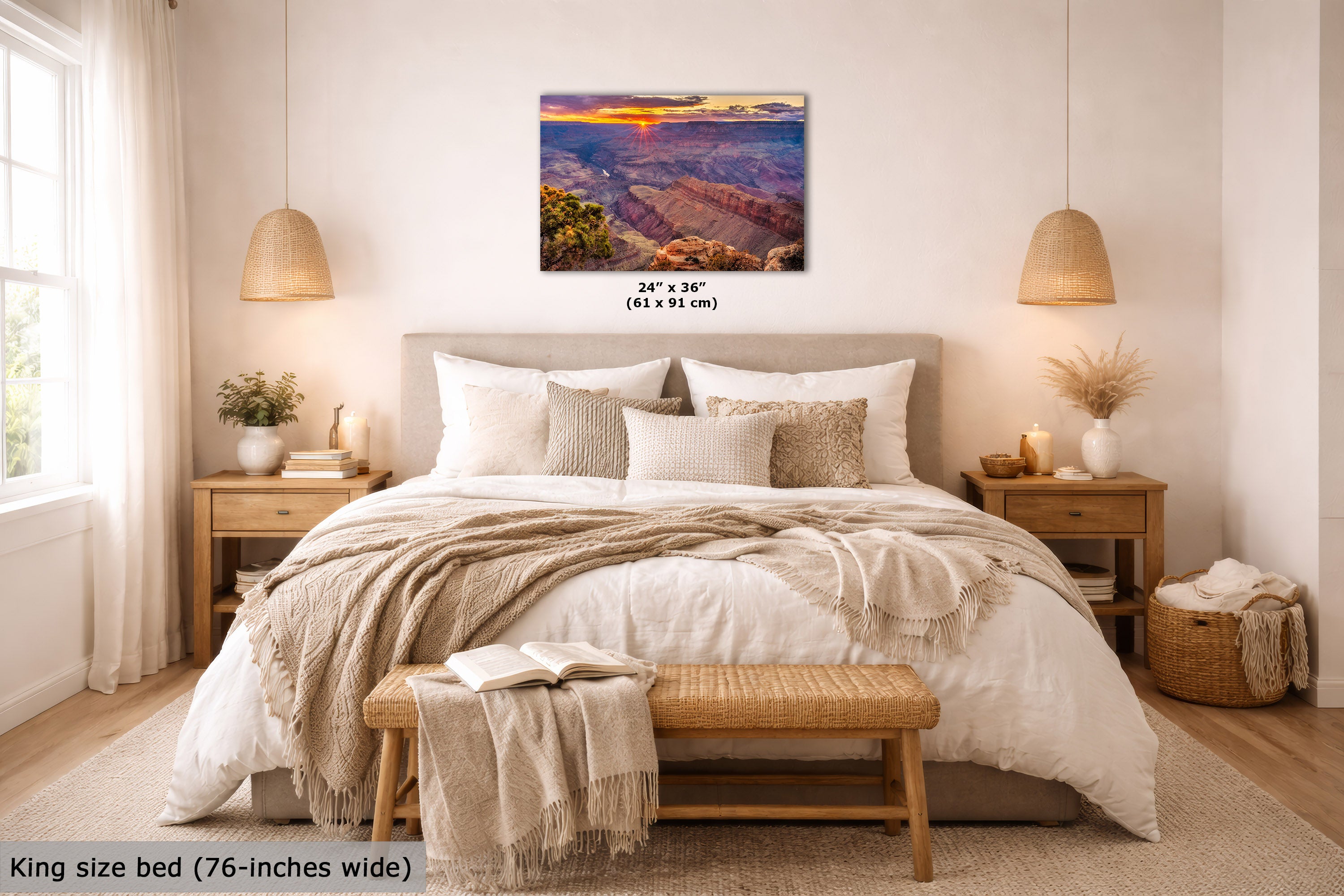 A wall art print showing a canyon landscape at sunset hangs above a neatly made bed in a bright, modern bedroom. The print includes size text reading 24 x 36 inches (61 x 91 cm), and the room scene also includes a text label at the bottom left stating king size bed (76-inches wide).