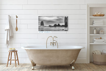 Cannon Beach Oregon Coast Ocean Picture Nature Photo, Black and White Haystack Rocks, Coastal Beach House Decor for Ocean Lovers