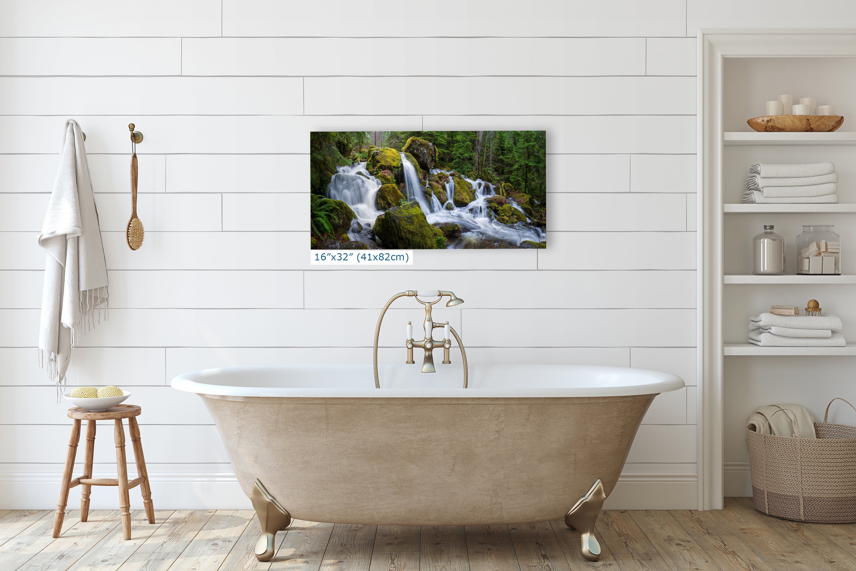 Oregon Waterfall Picture, Pacific Northwest Nature Photo Relaxation Artwork in Bohemian Style for Meditation, Office, Apartment, House Decor