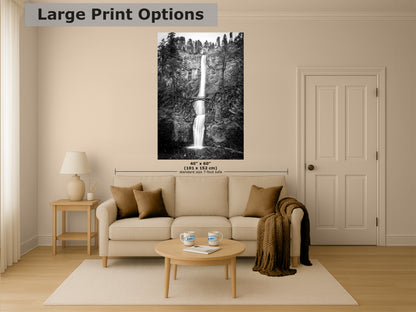 Multnomah Waterfall Picture Nature Photo, Black and White, Pacific Northwest Oregon Picture Relaxation Artwork, Columbia River Gorge for Meditation, House