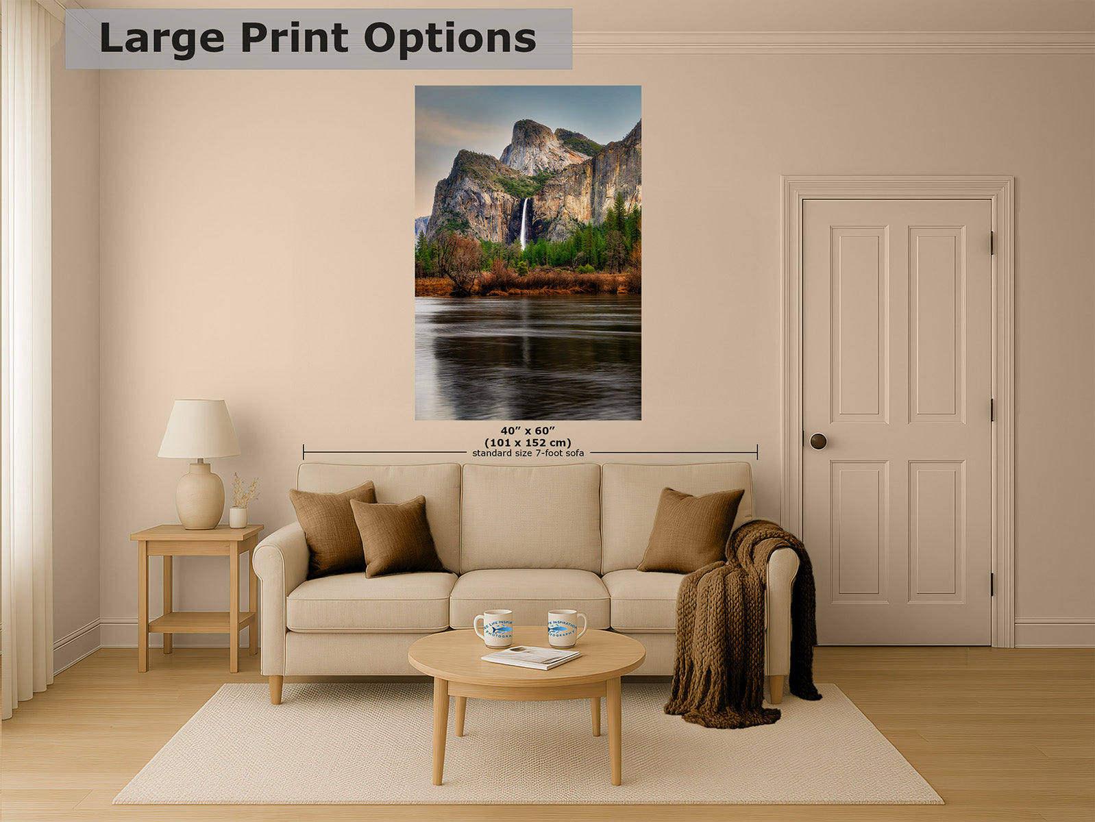 print size options of Yosemite Valley fine art nature photography shown above a sofa for scale reference