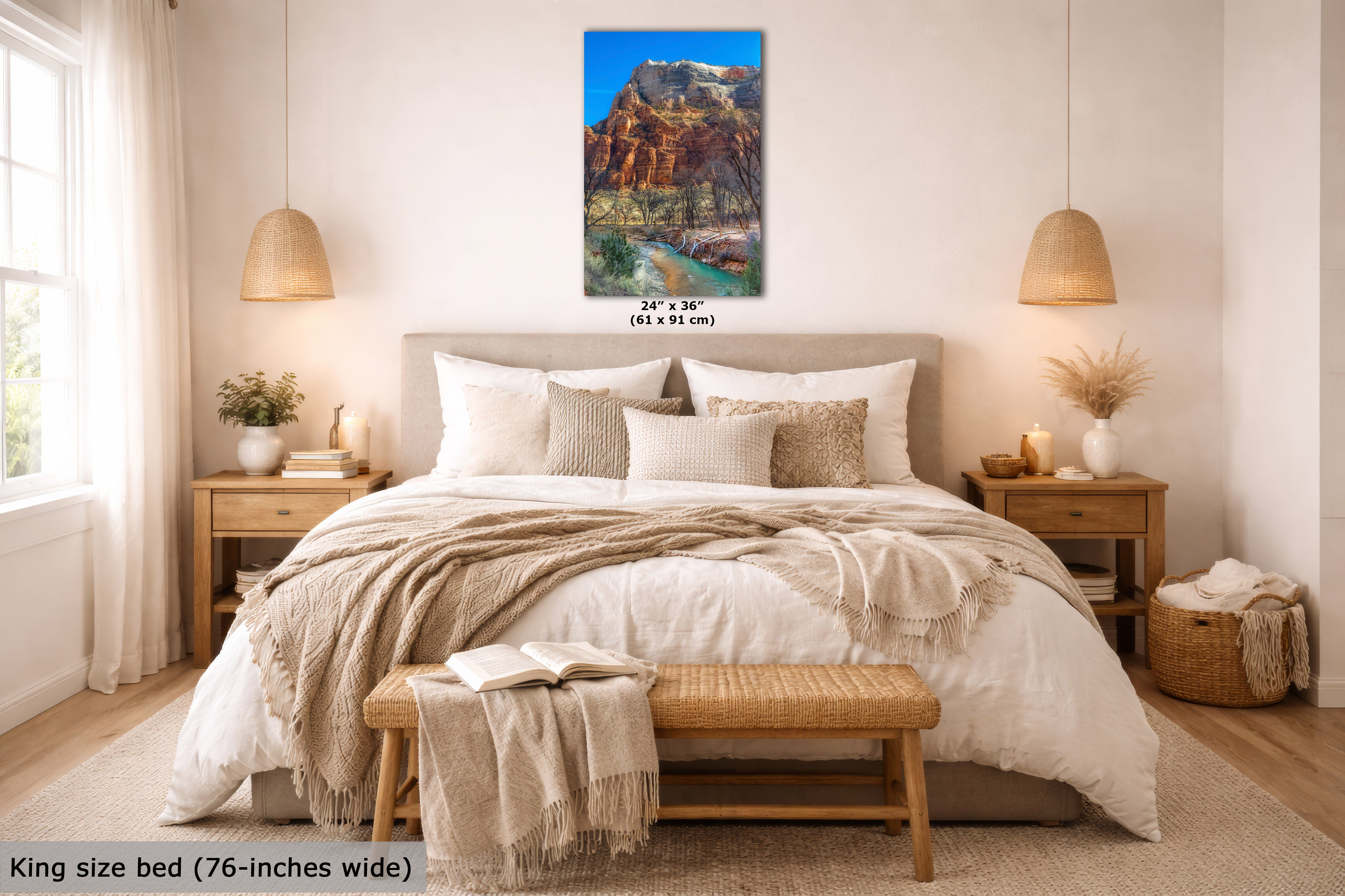 A bedroom mockup featuring a vertical canvas print of a red rock canyon landscape with a river, hung above a bed. The image includes text overlays indicating the canvas size (24 x 36 inches) and the bed size (king size bed, 76 inches wide).