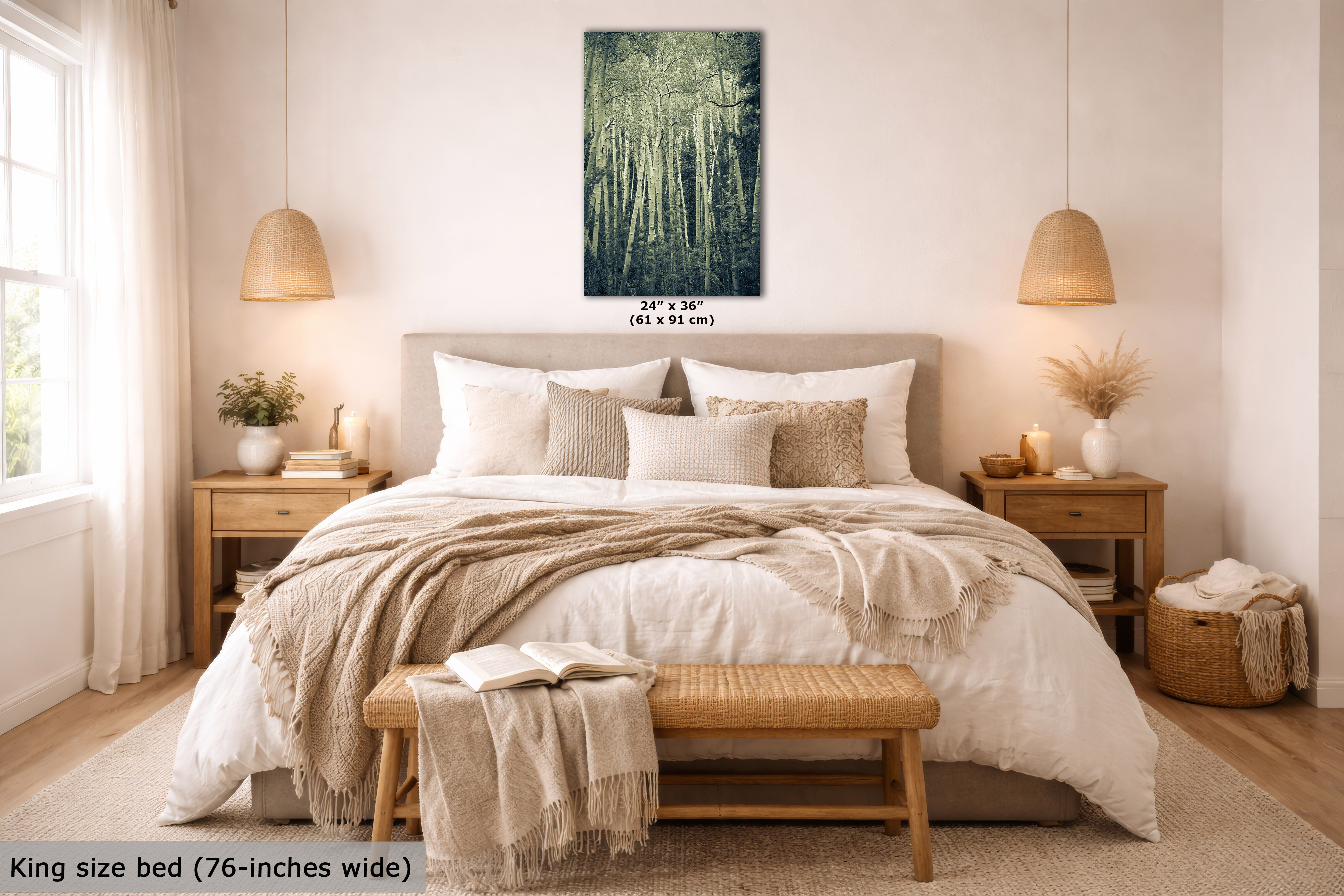 A styled bedroom scene showing a bed with neutral bedding and a framed vertical forest artwork above the headboard. The image includes text indicating the wall art is 24 x 30 inches and notes the king size bed is 76 inches wide.
