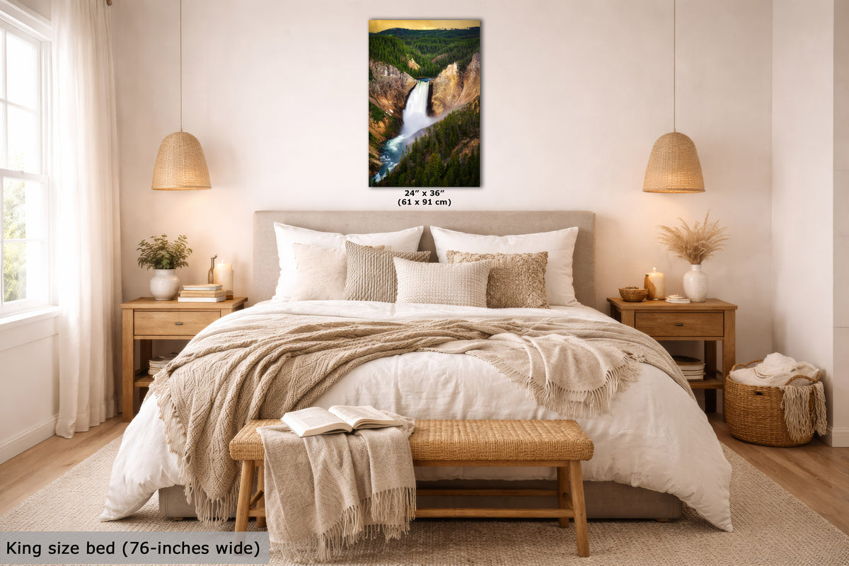 A framed wall art print showing a waterfall landscape is displayed above a neatly made bed in a bright, modern bedroom. The print includes a small size label reading 24 x 30 inches, and the room scene includes a text overlay noting the king size bed is 76 inches wide.