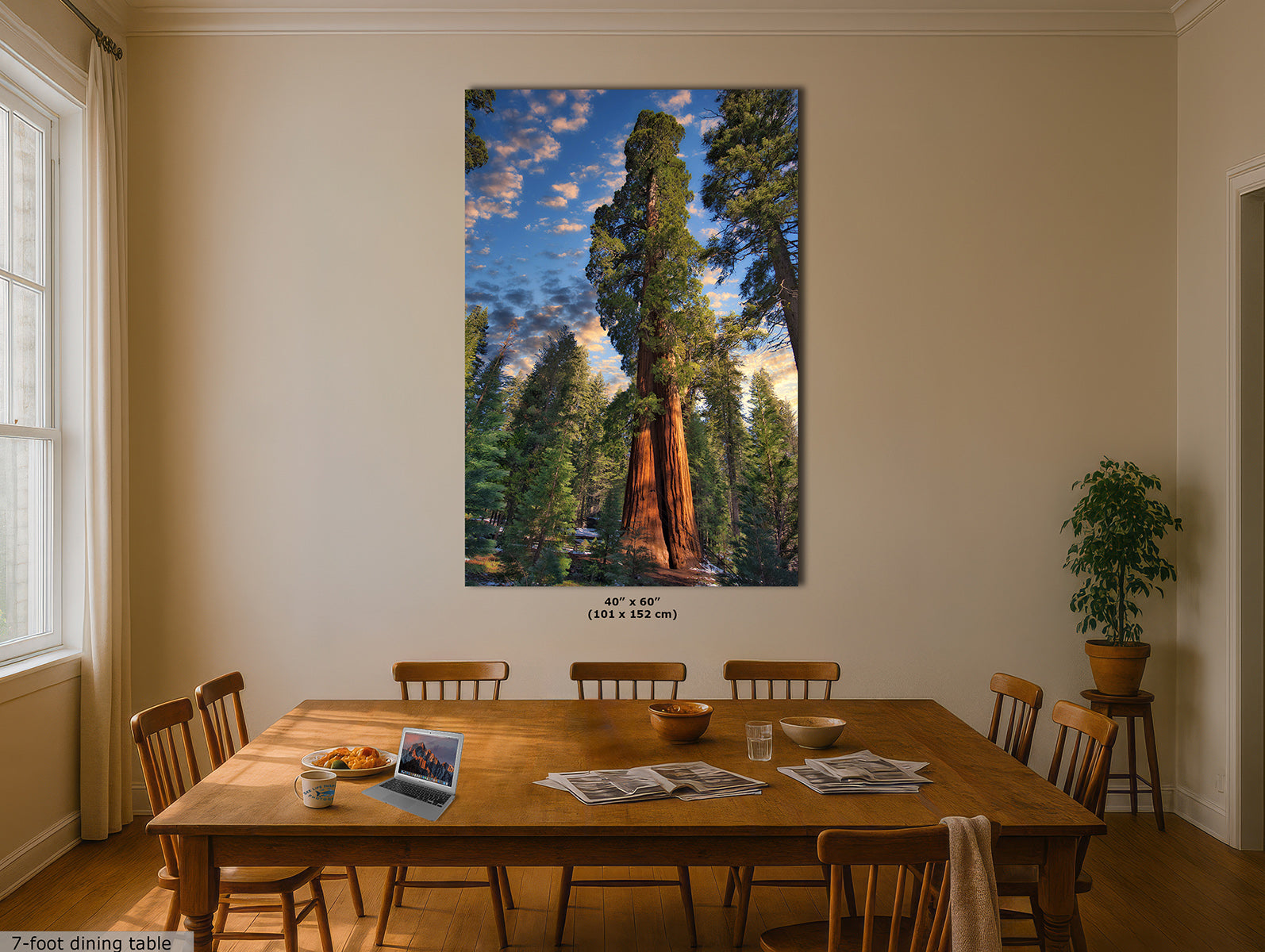 A large vertical wall art print depicting a giant sequoia tree in a forest under a blue sky, displayed above a wooden dining table in a dining room setting.